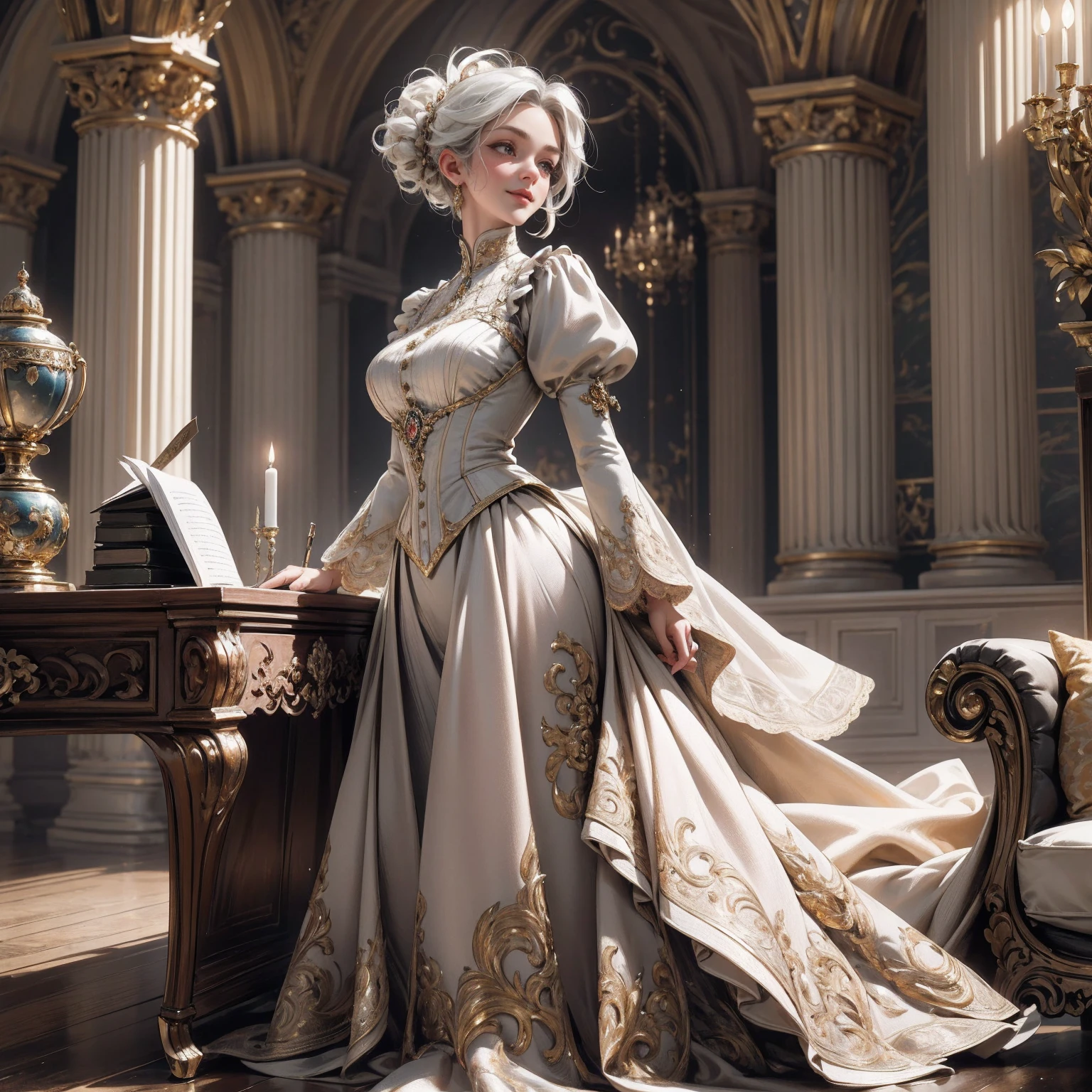 { - anatomy error}(Masterpiece - Ultra-detailed, very high resolution) Prepare to be enchanted by a true masterpiece that combines ultra-detailed art with high-resolution rendering. This work depicts a mesmerizing woman with short white hair (1.3) and captivating gray eyes (1.2), emanating an aura of elegance and mystery in Victorian settings. The intricate details and realistic textures invite you to explore every aspect of this enchanting composition. Woman wearing beautiful classic Victorian costume from the year 1878. Red lips. Happy face. Smiling. light brown (gold) dress. Walking, writing, lying down, standing, on your back, dynamic poses., upper body. dynamic poses. Get ready to dive into a world where beauty and craftsmanship merge perfectly.