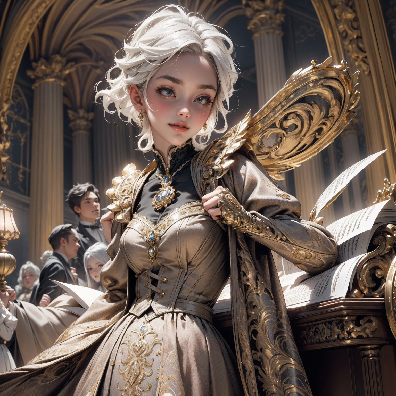 { - anatomy error}(Masterpiece - Ultra-detailed, very high resolution) Prepare to be enchanted by a true masterpiece that combines ultra-detailed art with high-resolution rendering. This work depicts a mesmerizing woman with short white hair (1.3) and captivating gray eyes (1.2), emanating an aura of elegance and mystery in Victorian settings. The intricate details and realistic textures invite you to explore every aspect of this enchanting composition. Woman wearing beautiful classic Victorian costume from the year 1878. Red lips. Happy face. Smiling. light brown (gold) dress. Walking, writing, lying down, standing, on your back, dynamic poses., upper body. dynamic poses. Get ready to dive into a world where beauty and craftsmanship merge perfectly.