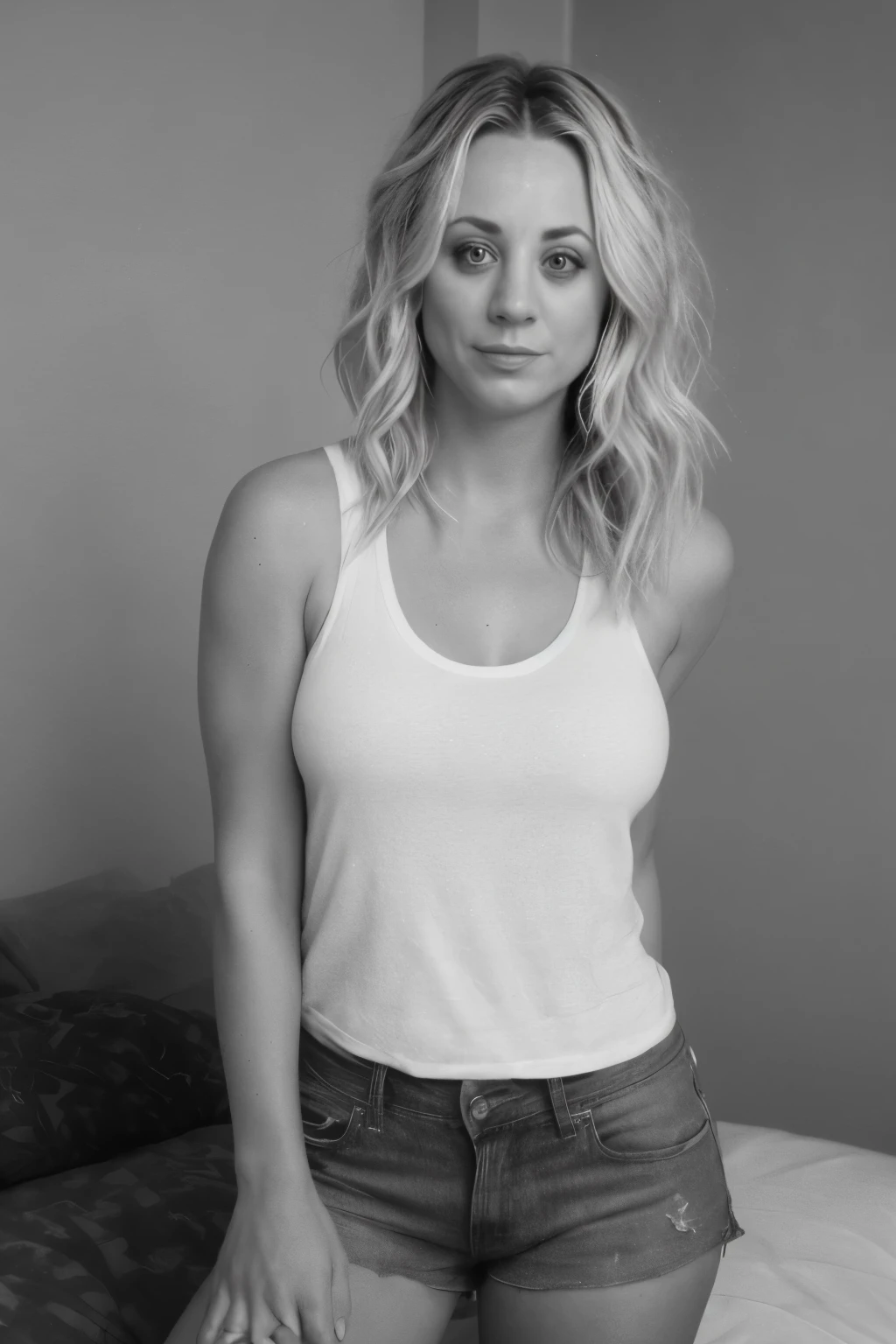 Kaley Cuoco,beauty, beautiful girl, black and white photography, hard contrast, hard shadows, smirk, beautiful makeup, shorts, tank top, apartment