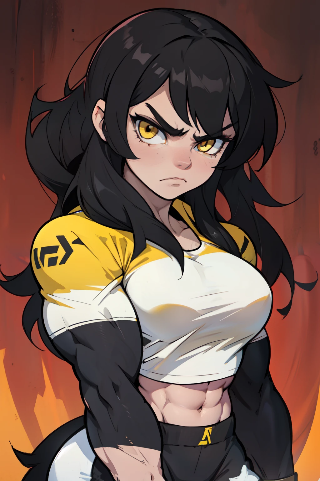 angry ((((1girl)))) (((bodybuilder))) pale skin black hair very long hair yellow eyes midriff