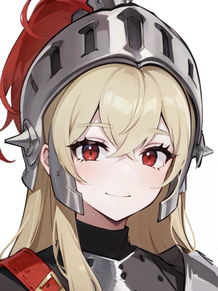 lineart, 1girl, female_knight_(guardian_tales), platinum blonde hair, red eyes, long hair, knight helmet, light smile, black dress, casual clothes, pale skin, vampire, closed mouth, close-up