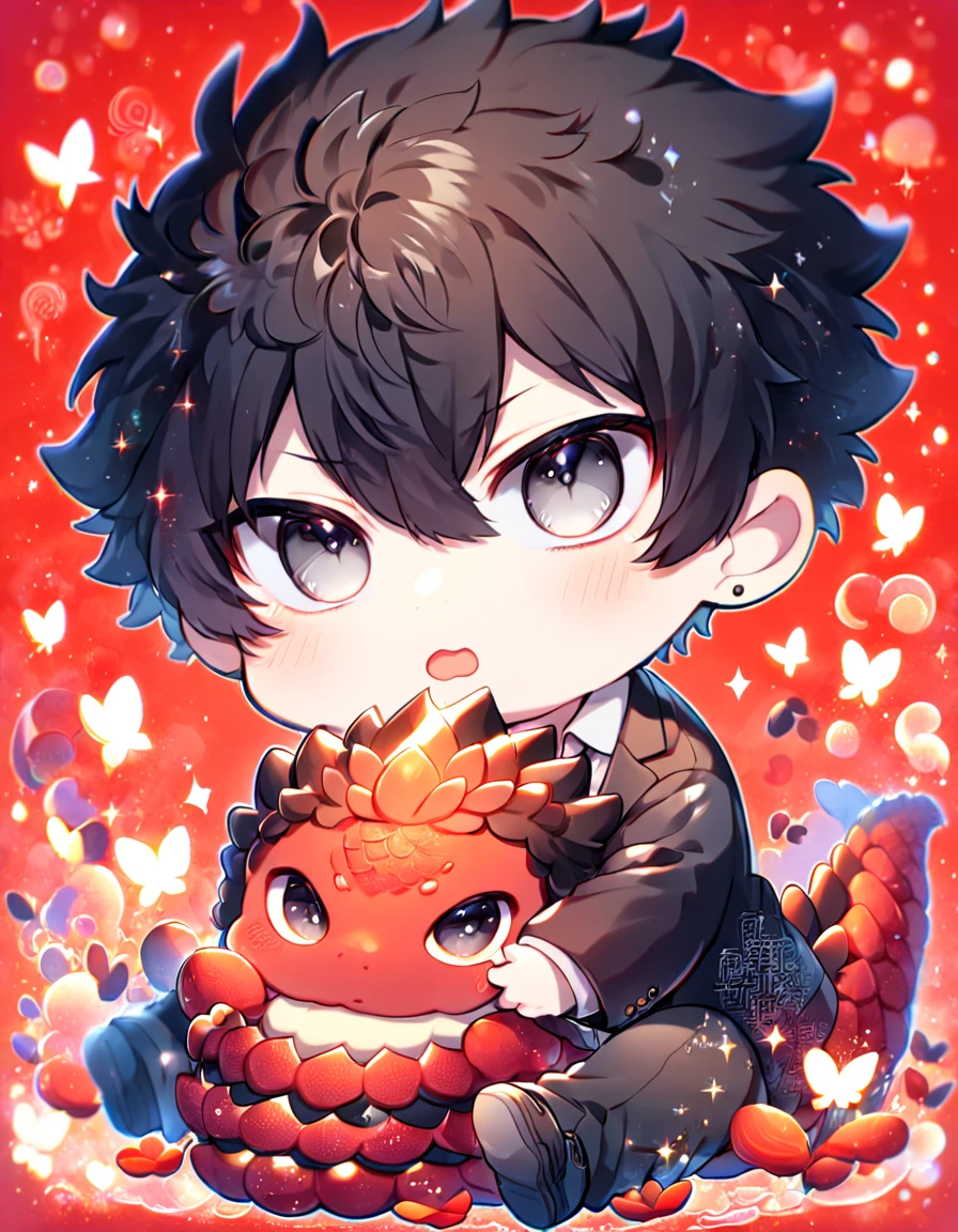absurdres, highres, ultra detailed, HDR, master piece, best quality, Kougami Shinya chibi, black hair, expressive gray eyes, psycho pass, solo, cute, hugging a red dragon, black jacket, white shirt, patterns, magical, fantasy, red background, red lotus, shining, red petals, red glittering butterflies