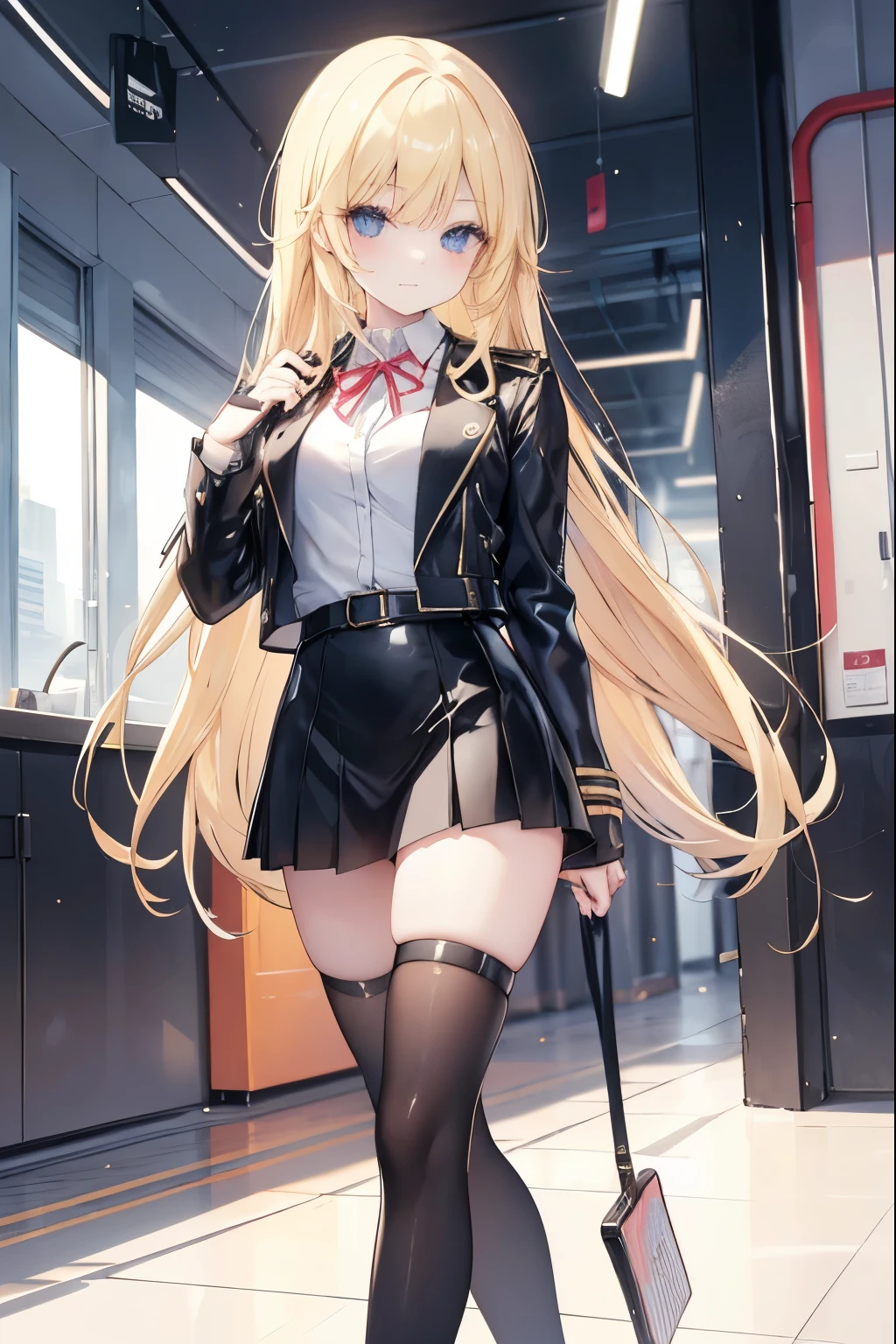 Cute high school girl, long blonde hair, school bag, flashy makeup, thin arms and legs, slender body, wearing leather jacket, blazer uniform, black stockings, wearing lots of flashy metal accessories, in station