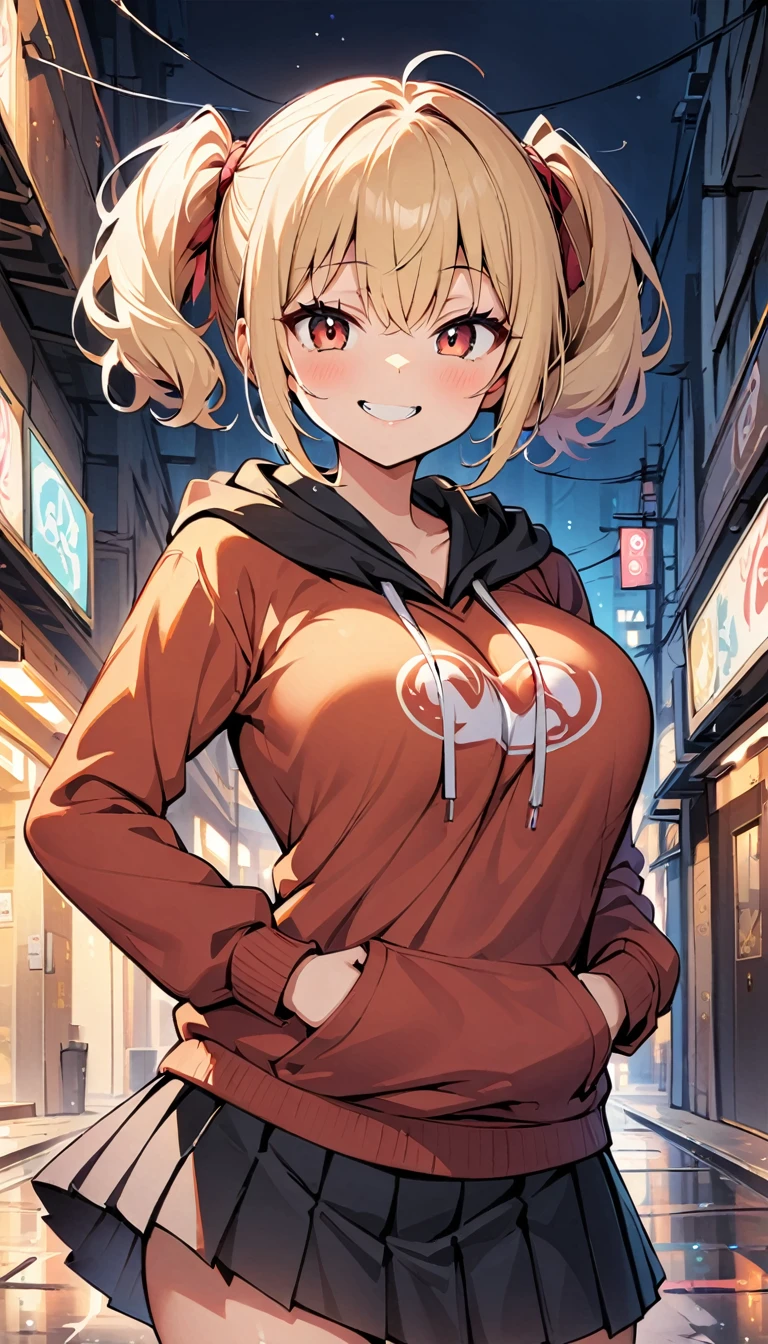One Girl, alone, Big eyes, Wicked Smile,hoodie, Pleated skirt, JK,Large Breasts、Attractive breasts