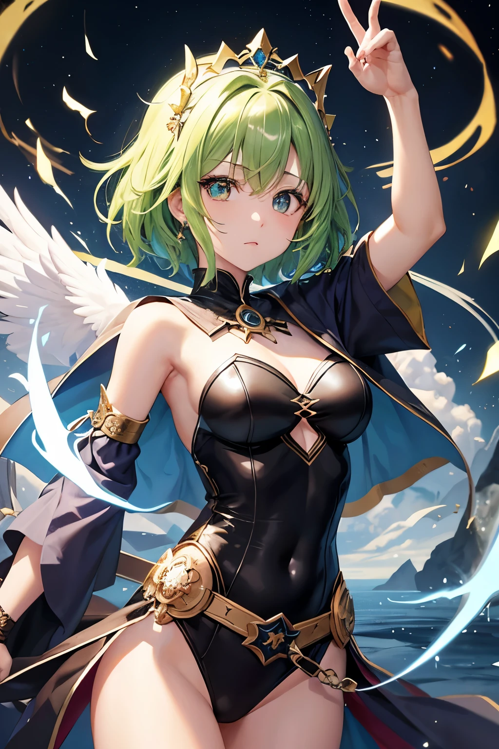 （（（highest quality、first-clasasterpiece、Normal body、8k、Detailed face、Ultra-precision、Normal hand、Normal finger、５Finger、）））Brightly colored hair、Golden-green hair、Short Hair、Shortcuts、Sleeping habit hair、Small breasts、Flexible body、Brave、Braveの剣、光のBrave、Sword of Light、聖なるBrave、Holy Sword、Sword and magic circle、Magic Sword、The Great Magic of Light and Darkness、huge magic circle、Shiny Tiara、Blue leotard、Green belt、black half cloak、Evil Eye、Magic circle pattern on eyes