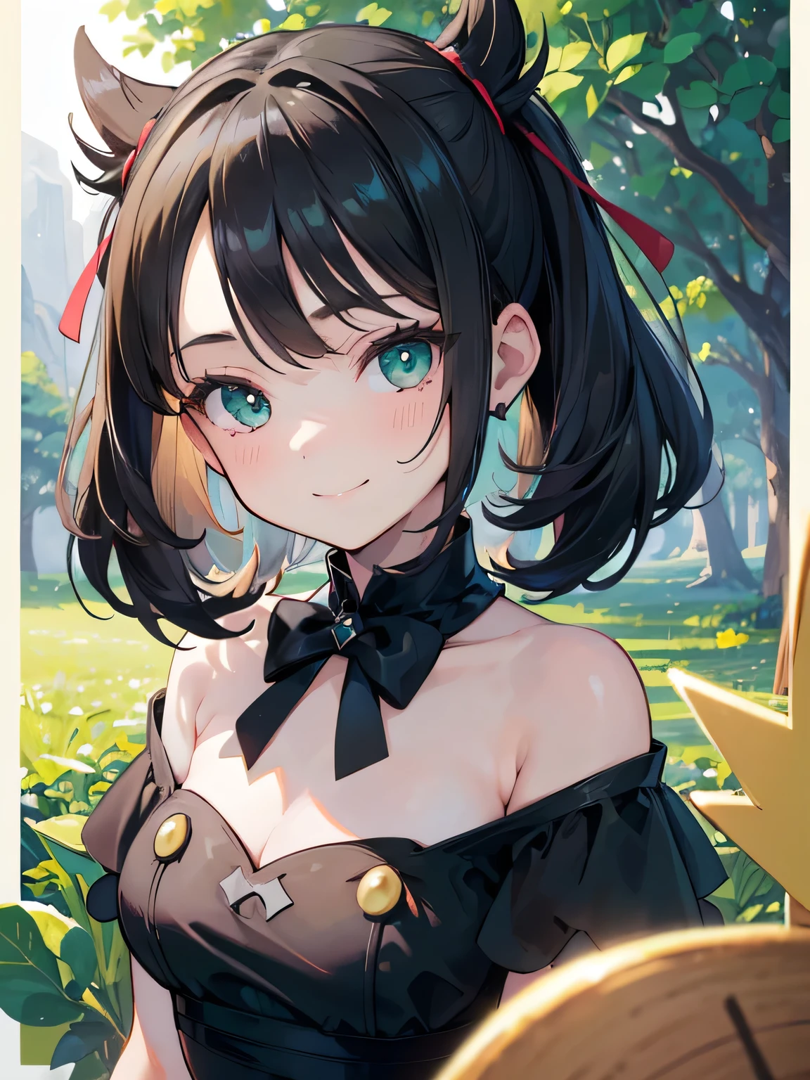 ((best quality)), ((masterpiece)), (detailed), perfect face, young girl, black hair, bangs, green eyes, black dress, happy, sunny, romantic, soft smile, ((desert)), looking at viewer, portrait, flat, ribbons, ((marnie pokemon)), (detail eyes), (shy), (perfect eyes), ((big smile))