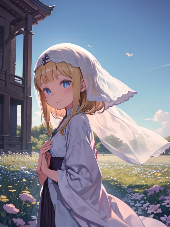 masterpiece、highest quality、High resolution、Very detailed、Girl、Small breasts、Nunonastic Clothes、Boneyard、blonde、Blue Eyes、Veil、An innocent smile、laughing、outside、church、Flower Field、Put your hands together、Cross Necklace、Clothes fluttering in the wind、