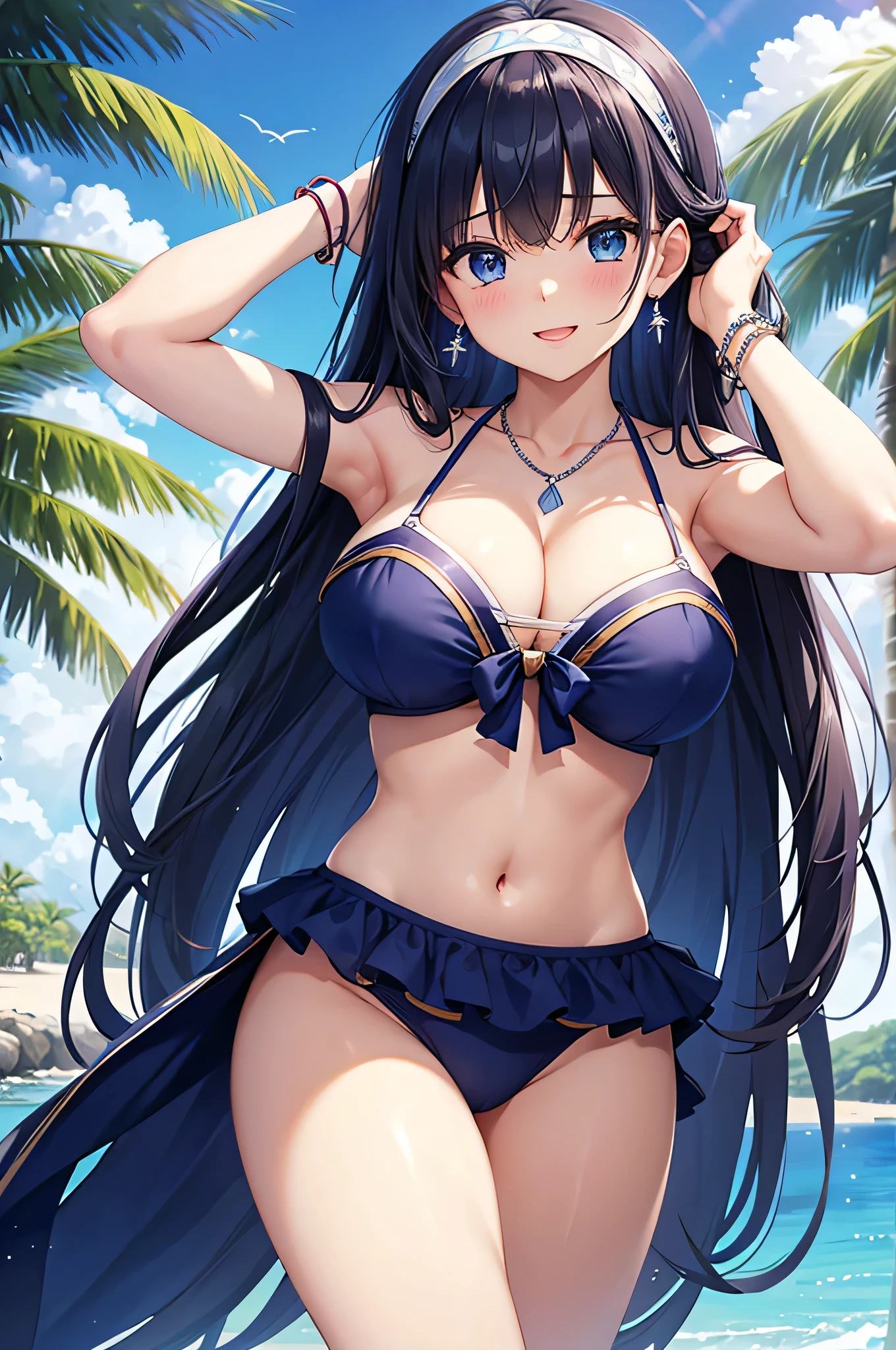 highest quality、Best image quality、masterpiece、beautiful girl、Navy blue long hair、blue eyes、Navy Blue Bikini、Big cleavage、(Big Breasts)、smile、blue necklace、Blue Earrings、background(Beach)、Please open your mouth wide、White headband、bracelet、Raise your arms and place your hands behind your head、Raise both elbows as high as you can、Bring your elbows close to your head