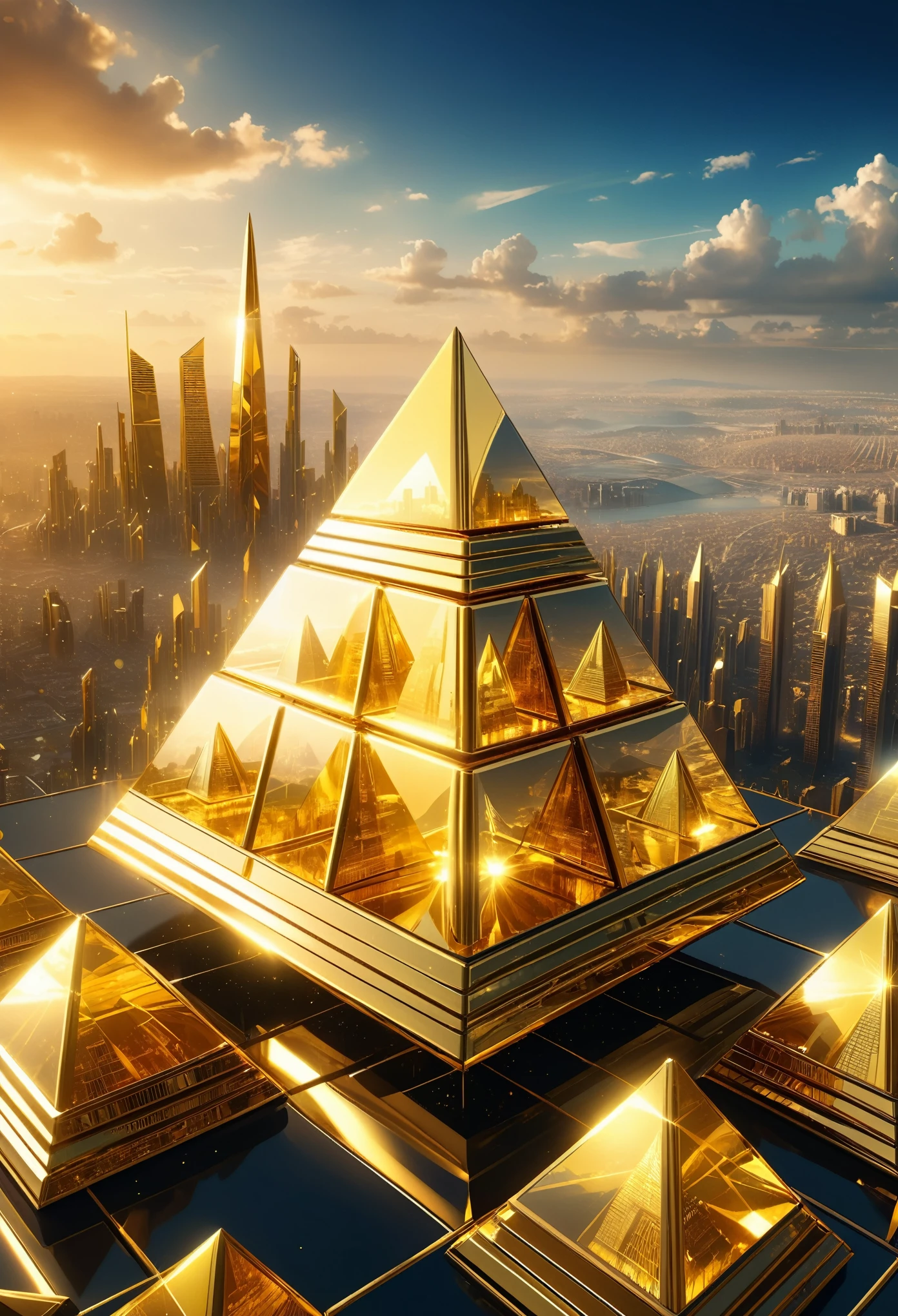 Futuristic background with golden glass pyramids，Laser beam，Leads to a surreal city with towering skyscrapers. Super resolution of backgrounds in 4k，Aspect ratio of 16:9.Golden Pyramid, masterpiece, Anatomically correct, Super Detail, high quality, best quality, 8K, 16K, High Detail