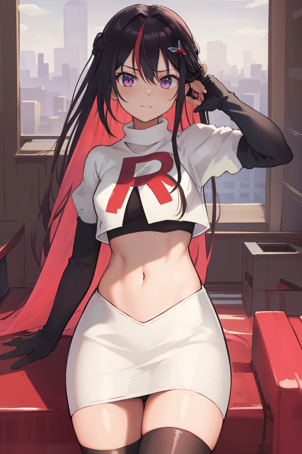 masterpiece, best quality, highres, 1girl, solo, multicolored hair, pink hair, purple eyes, black hair, colored inner hair, hair between eyes, two-tone hair, jewelry, x hair ornament, bangs, very long hair, streaked hair, hairclip, cowboy shot, team rocket,team rocket uniform,white skirt,red letter R,crop top,black thigh-highs,black elbow gloves