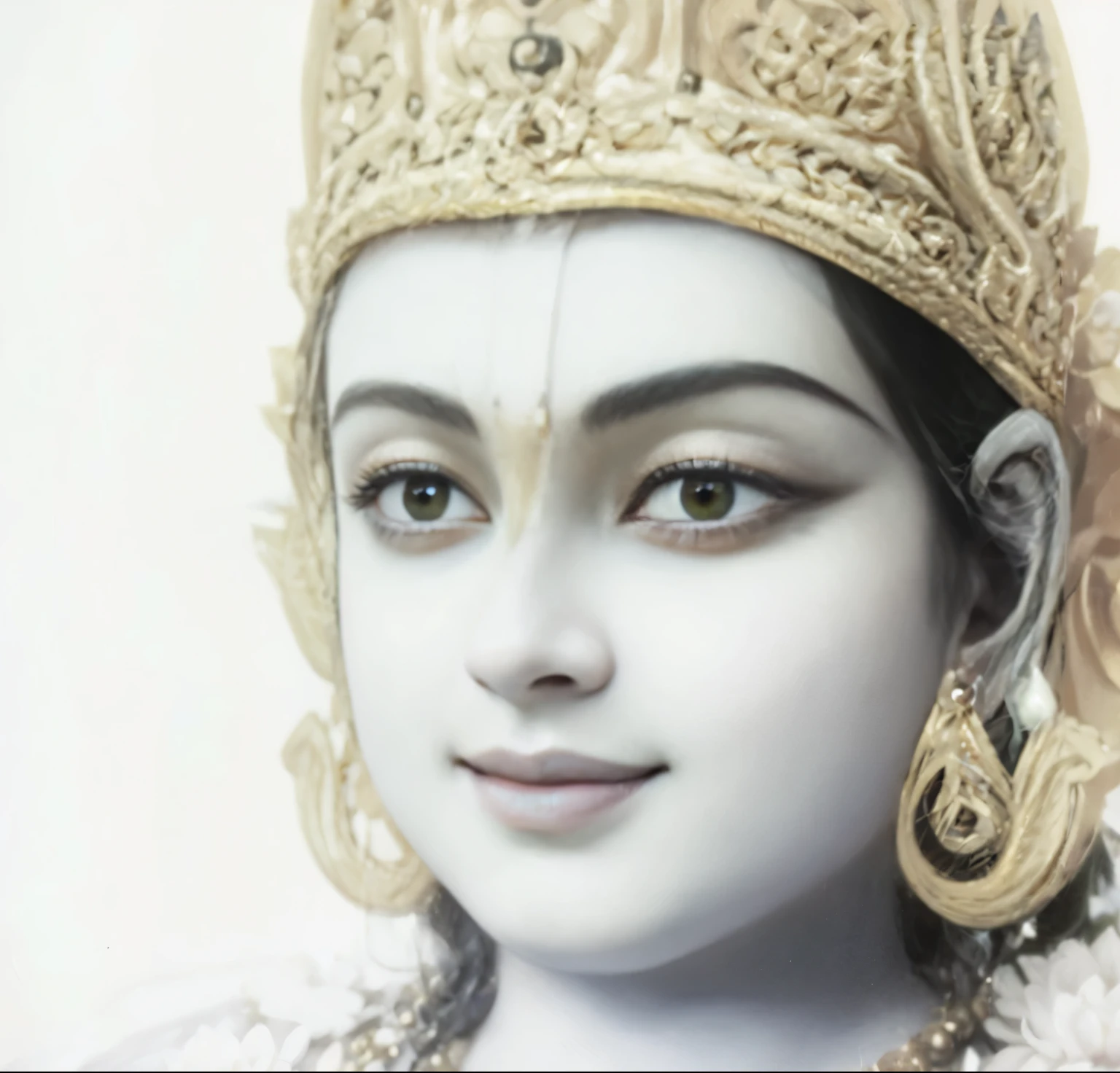 Lord Krishna, adorable face, bluish skin, beautiful lotus eyes, smiling gently, golden crown, flowers, divine, handsome, beyon the material world