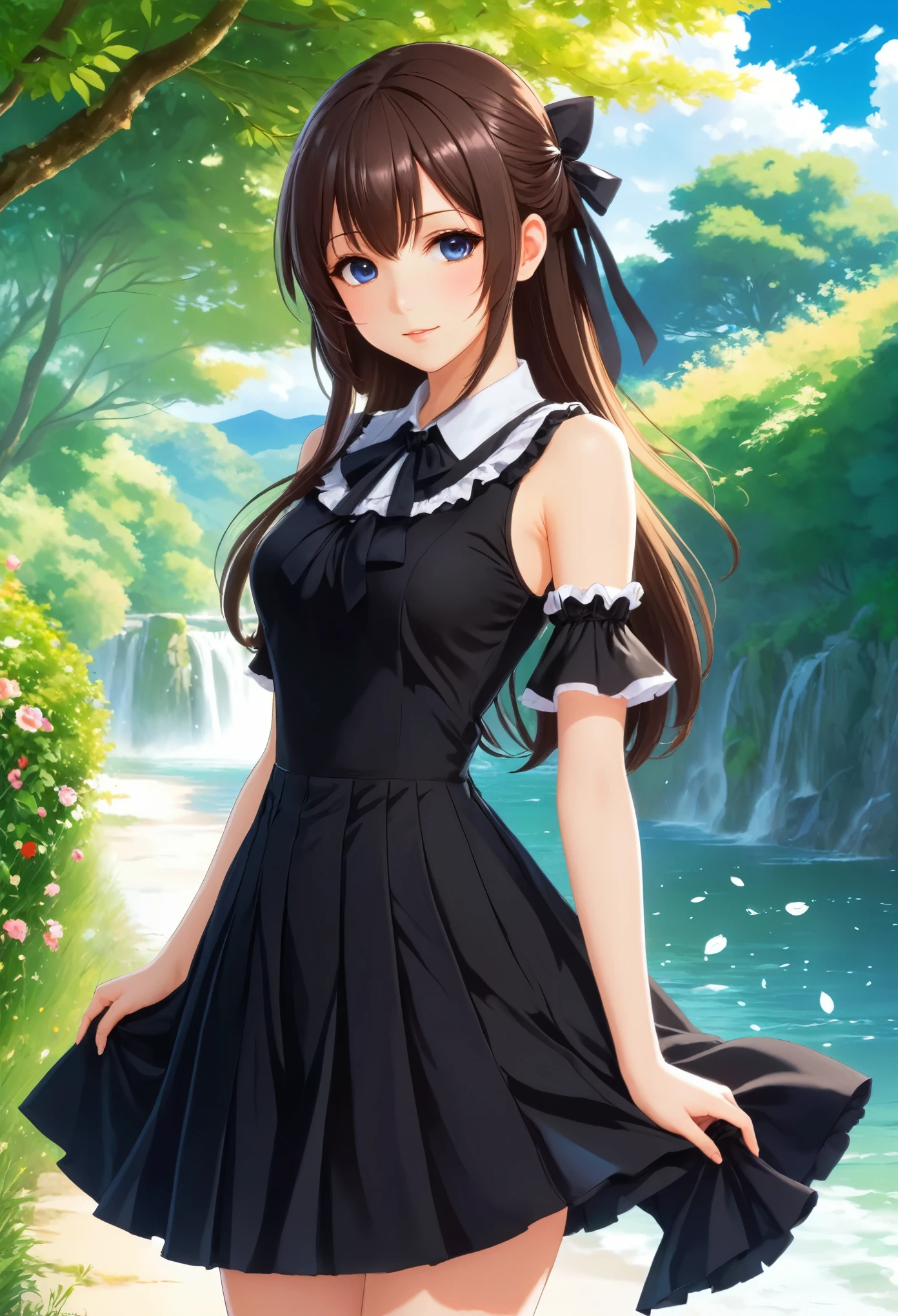 Anime Girl with long hair and a black dress posing for a picture, Sayori, Cute girl anime visual, Anime cute art style, Lolita in a skirt, Anime Girl weareturng a black dress, pretty Anime Girl, (Anime Girl), cute Anime Girl, 穿着漂亮裙子的可爱Anime Girl, attractive Anime Girl, beautiful Anime Girl, return, Smooth anime CG art
