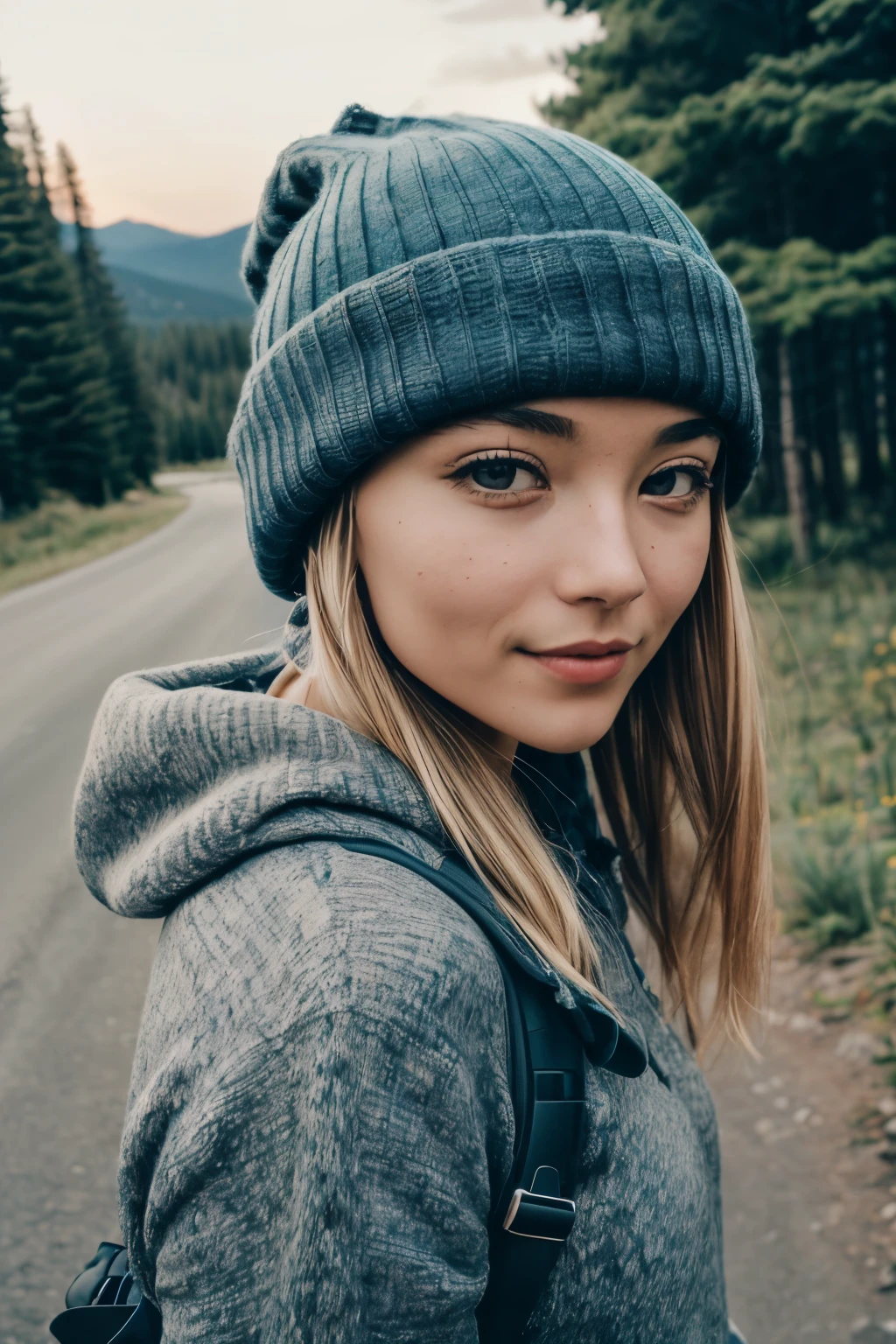 VeronicaCipher ((upper body selfie, happy)), masterpiece, best quality, ultra-detailed, solo, outdoors, (night), mountains, nature, (stars, moon) cheerful, happy, backpack, sleeping bag, camping stove, water bottle, mountain boots, gloves, sweater, hat, flashlight, forest, rocks, river, wood, smoke, shadows, contrast, clear sky, analog style (look at viewer:1.2) (skin texture) (film grain:1.3), (warm hue, warm tone) :1.2), close up, cinematic light, sidelighting, ultra high res, best shadow, RAW, upper body,  , wearing pullover
kodak vision 3,