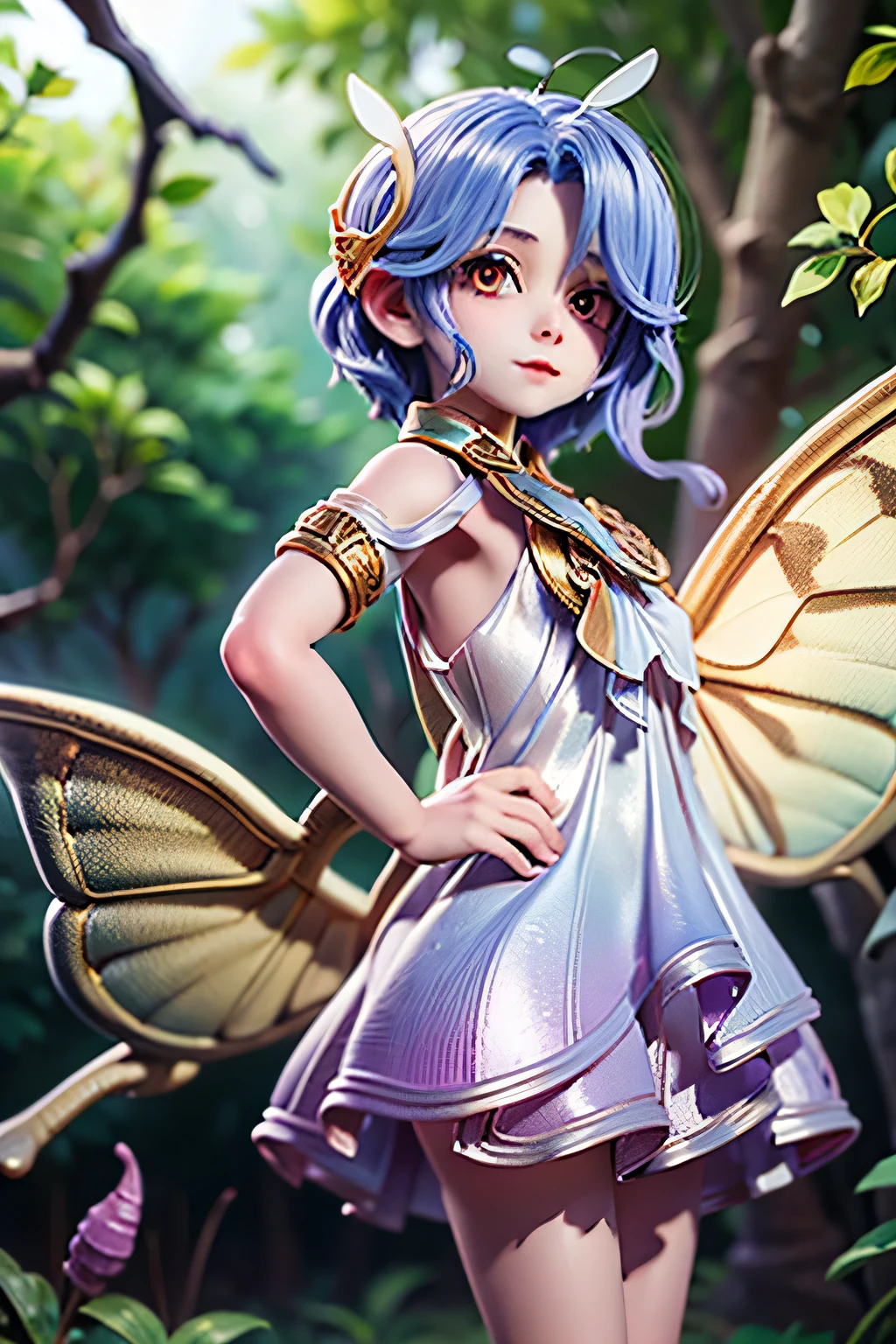 solo,1woman\(cute,kawaii,small kid,skin color white,short white hair,(big moth wing hair:1.7),white dress\(beautiful race\),(2moth antennaes at hair:1.2),big evil smile,[moth wing on back:2.0],[moth wing on body:2.0],[moth wings:2.0],[extra arm],moth wing is only at hair\),background\(dappled sunlight,beautiful forest,dark,\), BREAK ,quality\(8k,wallpaper of extremely detailed CG unit, ​masterpiece,hight resolution,top-quality,top-quality real texture skin,hyper realisitic,increase the resolution,RAW photos,best qualtiy,highly detailed,the wallpaper,cinematic lighting,ray trace,golden ratio,\),close up face