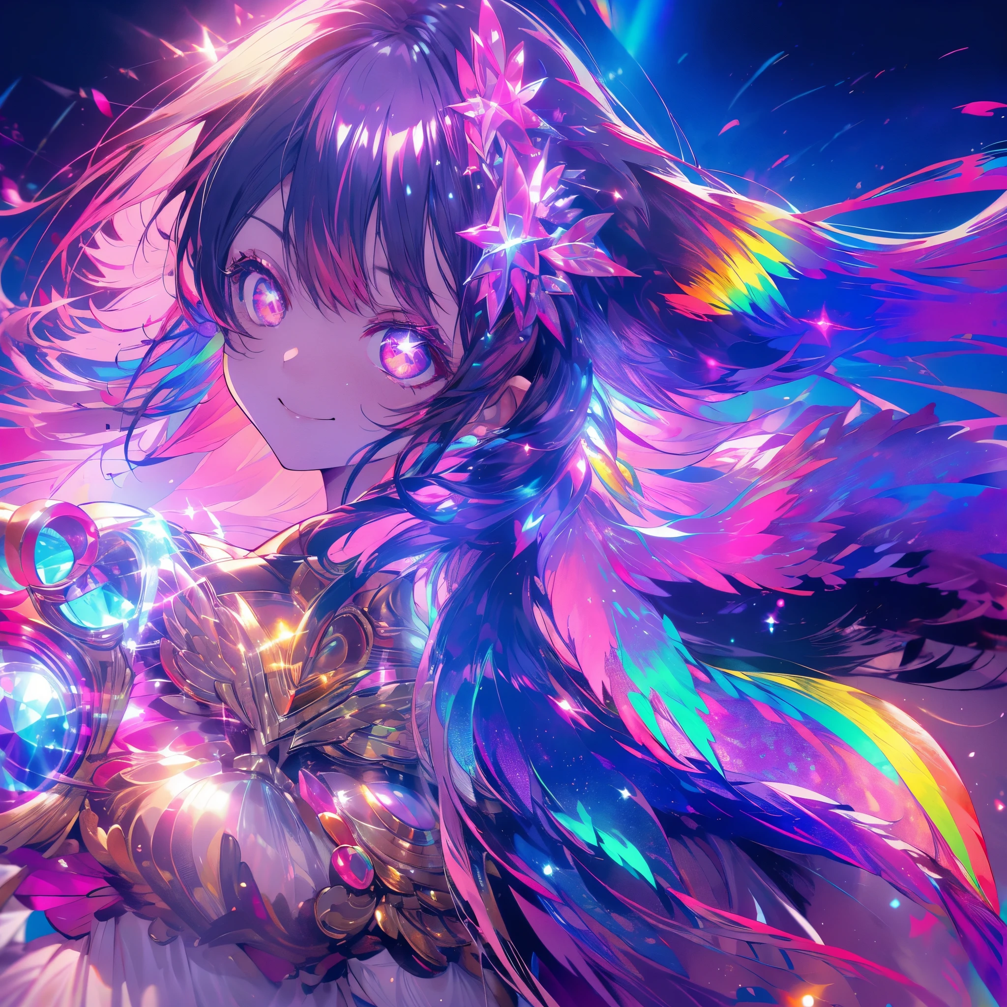 ((Fantasy Long Hair Pink Eyes Rainbow Hair Idol)) ((pendant Shiny earrings Flowing hair)) (Bathed in light Sailor suit) Open your mouth smile Hold the microphone Shining Aura Shining Crystal Eyes