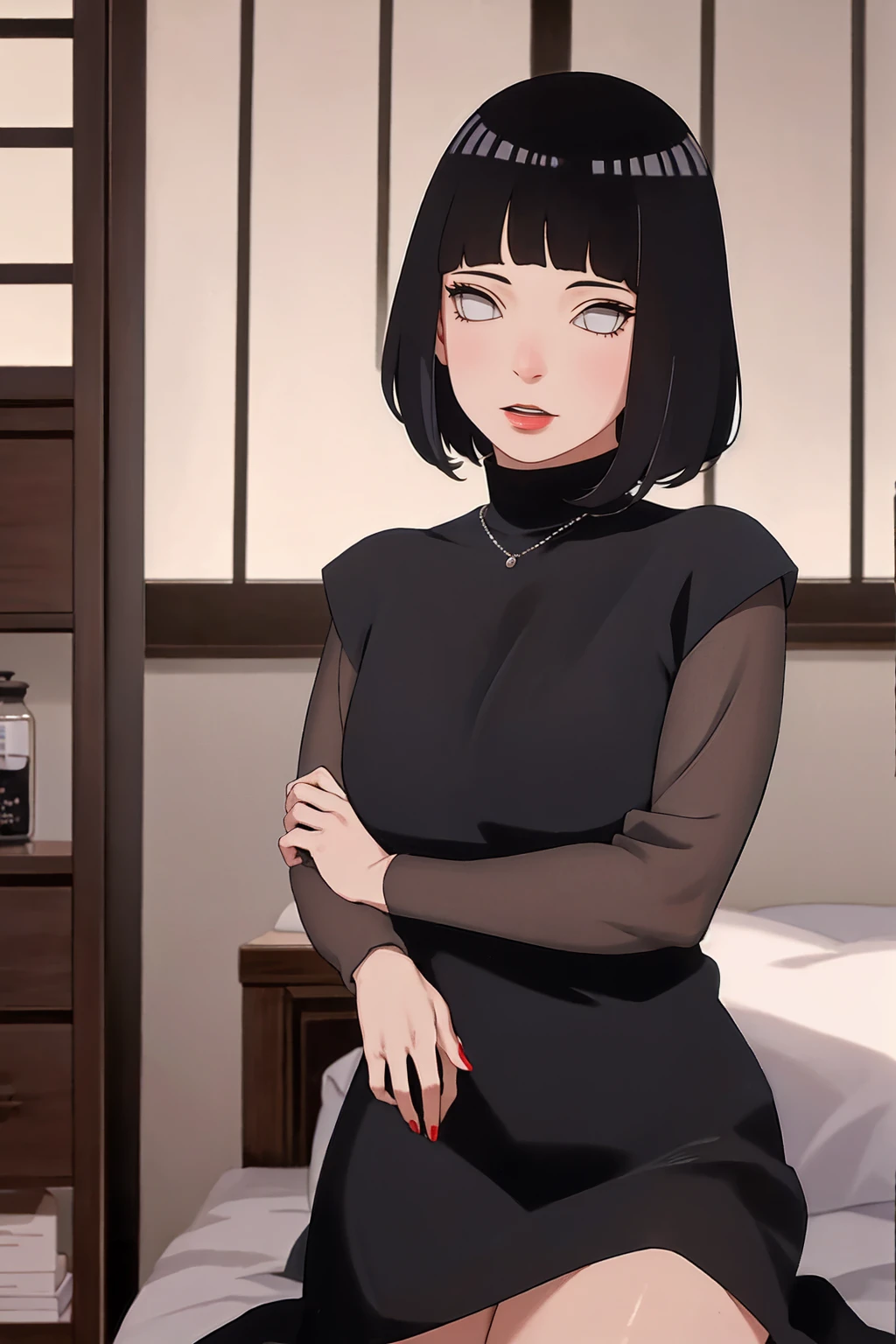 {-erro_de_anatomia:1.0}(best quality,4k,8k,highres,masterpiece:1.2), ultra-detailed, (realistic,photorealistic,photo-realistic:1.37) (Masterpiece - Ultra-Detailed, High Resolution) Prepare to be enchanted by a true masterpiece that combines ultra-detailed art with high-resolution rendering. This work shows a mesmerizing woman, with short, black hair, 1950s style, Hinata (1.3) and captivating dark brown eyes (1.2), New York illustration style, wearing (red lipstick), emanating an aura of elegance and mystery. Wearing classic 1950s clothing. sexy. Intricate details and realistic textures invite you to explore every aspect of this enchanting composition. Transparent black dress. Sitting, dynamic poses, mouth closed. Different posture. . Get ready to dive into a world where beauty and craftsmanship merge perfectly.