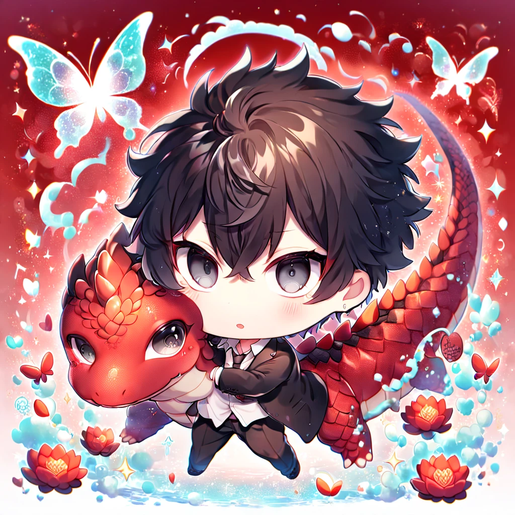 absurdres, highres, ultra detailed, HDR, master piece, best quality, Kougami Shinya chibi, black hair, expressive gray eyes, psycho pass, solo, cute, hugging a red dragon, black jacket, white shirt, patterns, magical, fantasy, red background, red lotus, shining, red petals, red glittering butterflies