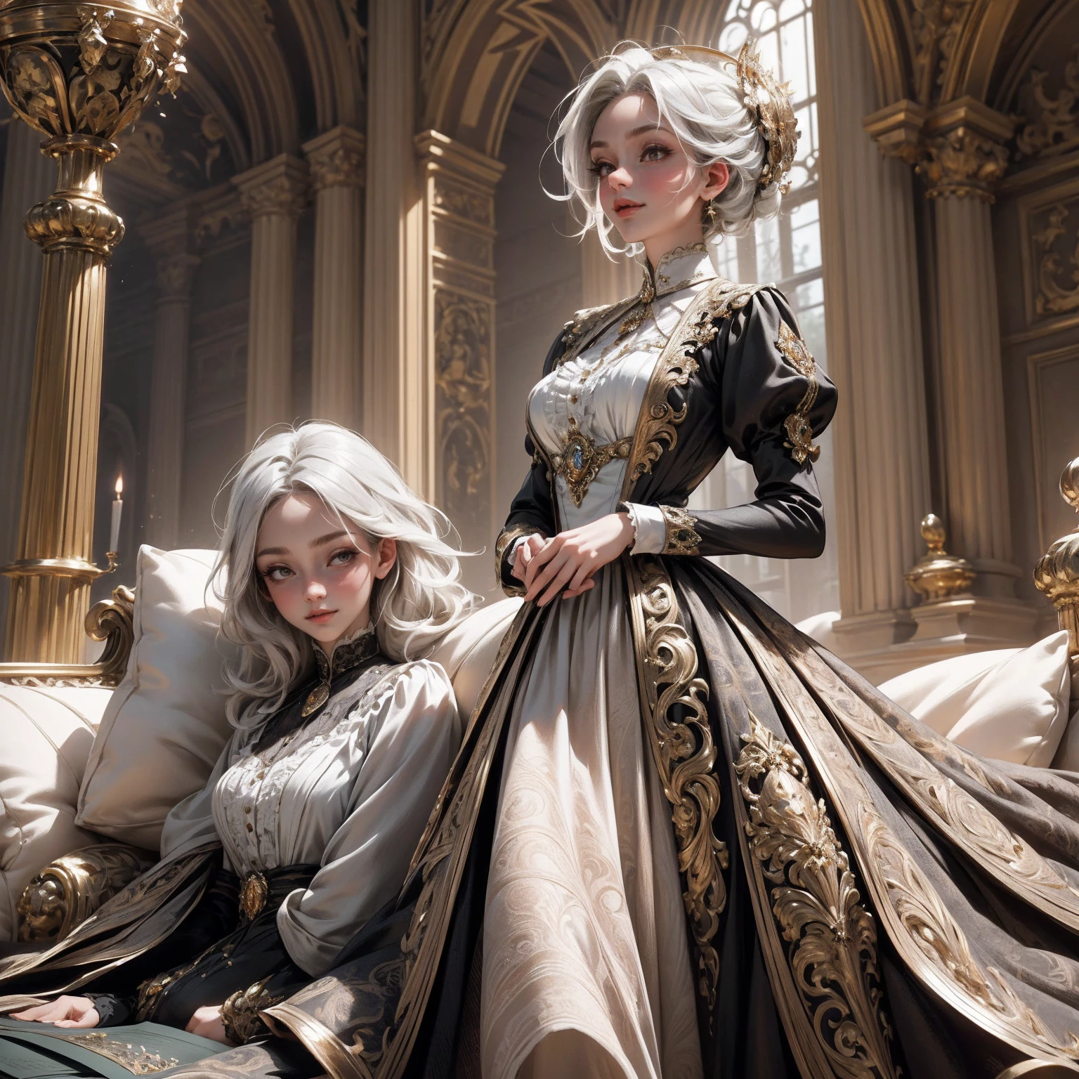 { - anatomy error}(Masterpiece - Ultra-detailed, very high resolution) Prepare to be enchanted by a true masterpiece that combines ultra-detailed art with high-resolution rendering. This work depicts a mesmerizing woman with short white hair (1.3) and captivating gray eyes (1.2), emanating an aura of elegance and mystery in Victorian settings. The intricate details and realistic textures invite you to explore every aspect of this enchanting composition. Woman wearing beautiful classic Victorian costume from the year 1878. Red lips. Happy face. Smiling. light brown (gold) dress. Walking, writing, lying down, standing, on your back, dynamic poses., upper body. dynamic poses. Get ready to dive into a world where beauty and craftsmanship merge perfectly.