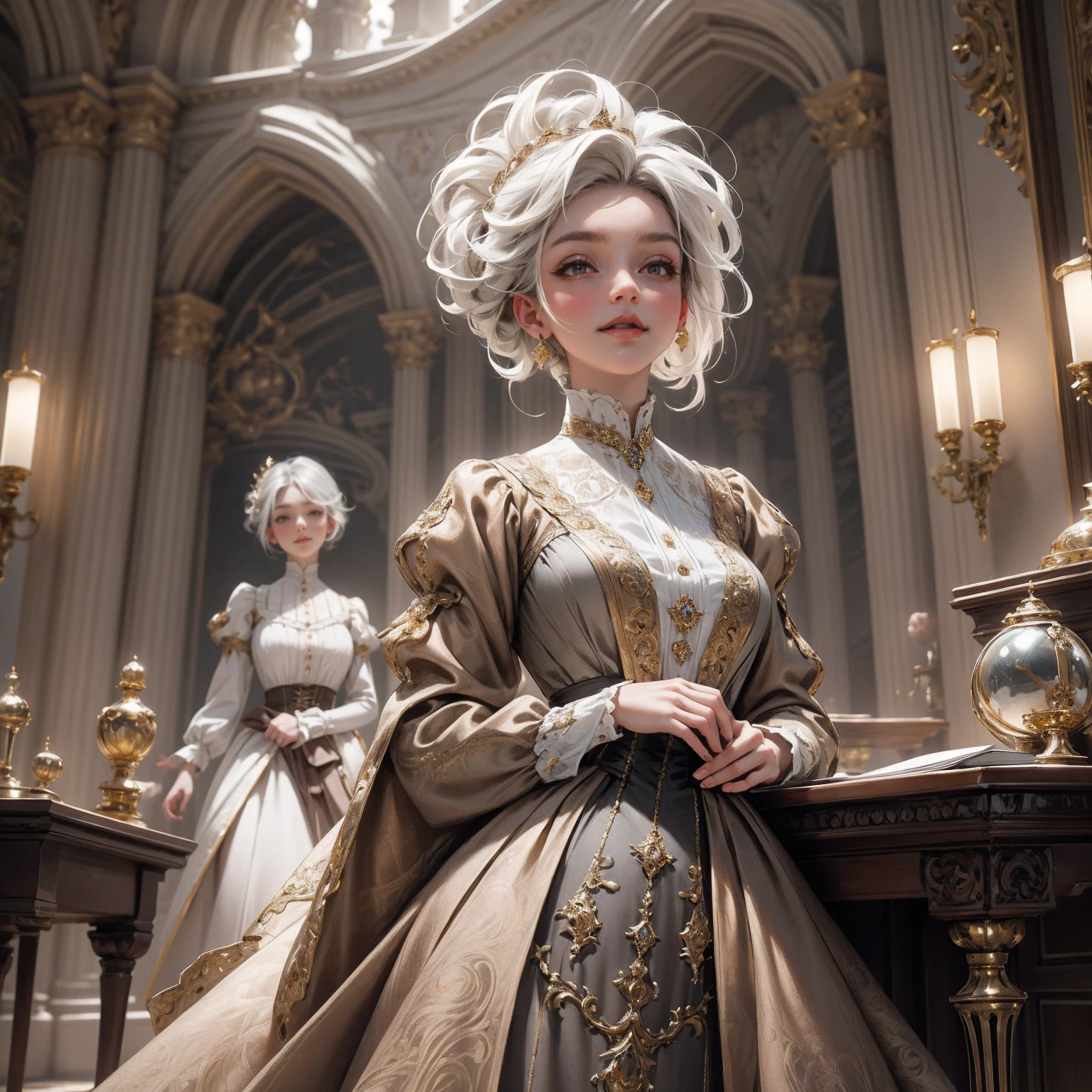 { - anatomy error}(Masterpiece - Ultra-detailed, very high resolution) Prepare to be enchanted by a true masterpiece that combines ultra-detailed art with high-resolution rendering. This work depicts a mesmerizing woman with short white hair (1.3) and captivating gray eyes (1.2), emanating an aura of elegance and mystery in Victorian settings. The intricate details and realistic textures invite you to explore every aspect of this enchanting composition. Woman wearing beautiful classic Victorian costume from the year 1878. Red lips. Happy face. Smiling. light brown (gold) dress. Walking, writing, lying down, standing, on your back, dynamic poses., upper body. dynamic poses. Get ready to dive into a world where beauty and craftsmanship merge perfectly.