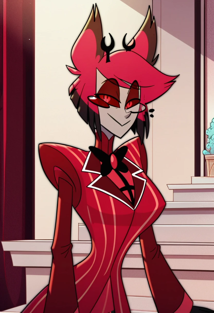 alastor, solo, 1girl, standing, (huge breasts:1.5), grey skin, red suit, monocle, BREAK score_9_up, score_8_up, score_7_up, score_6_up, score_5_up, score_4_up, score_3_up, score_2_up, score_1_up, screencap,