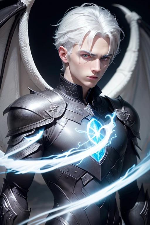 A white-haired, blue-eyed, black 17-year-old male with white leathery dragon wings, intricate detailed face and eyes, flawless skin, mysterious expression, sleek black bodysuit, cosmic energy swirling around, dark shadowy background, cinematic lighting, highly detailed, photorealistic, digital art, masterpiece
