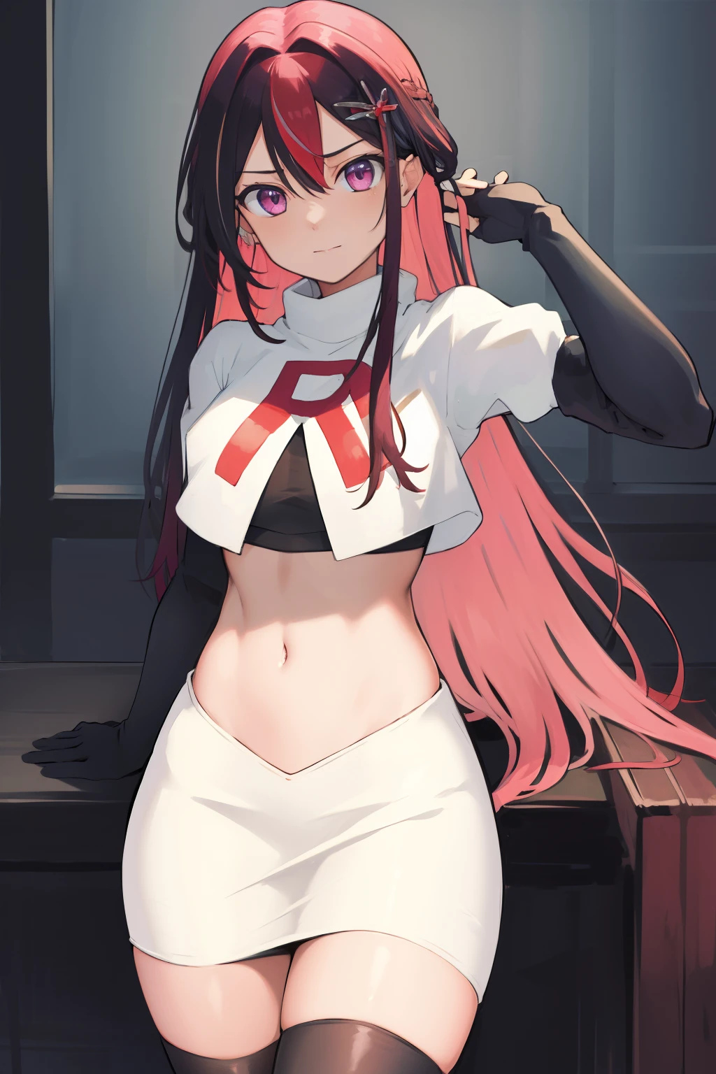 masterpiece, best quality, highres, 1girl, solo, multicolored hair, pink hair, purple eyes, black hair, colored inner hair, hair between eyes, two-tone hair, jewelry, x hair ornament, bangs, very long hair, streaked hair, hairclip, cowboy shot, team rocket,team rocket uniform,white skirt,red letter R,crop top,black thigh-highs,black elbow gloves