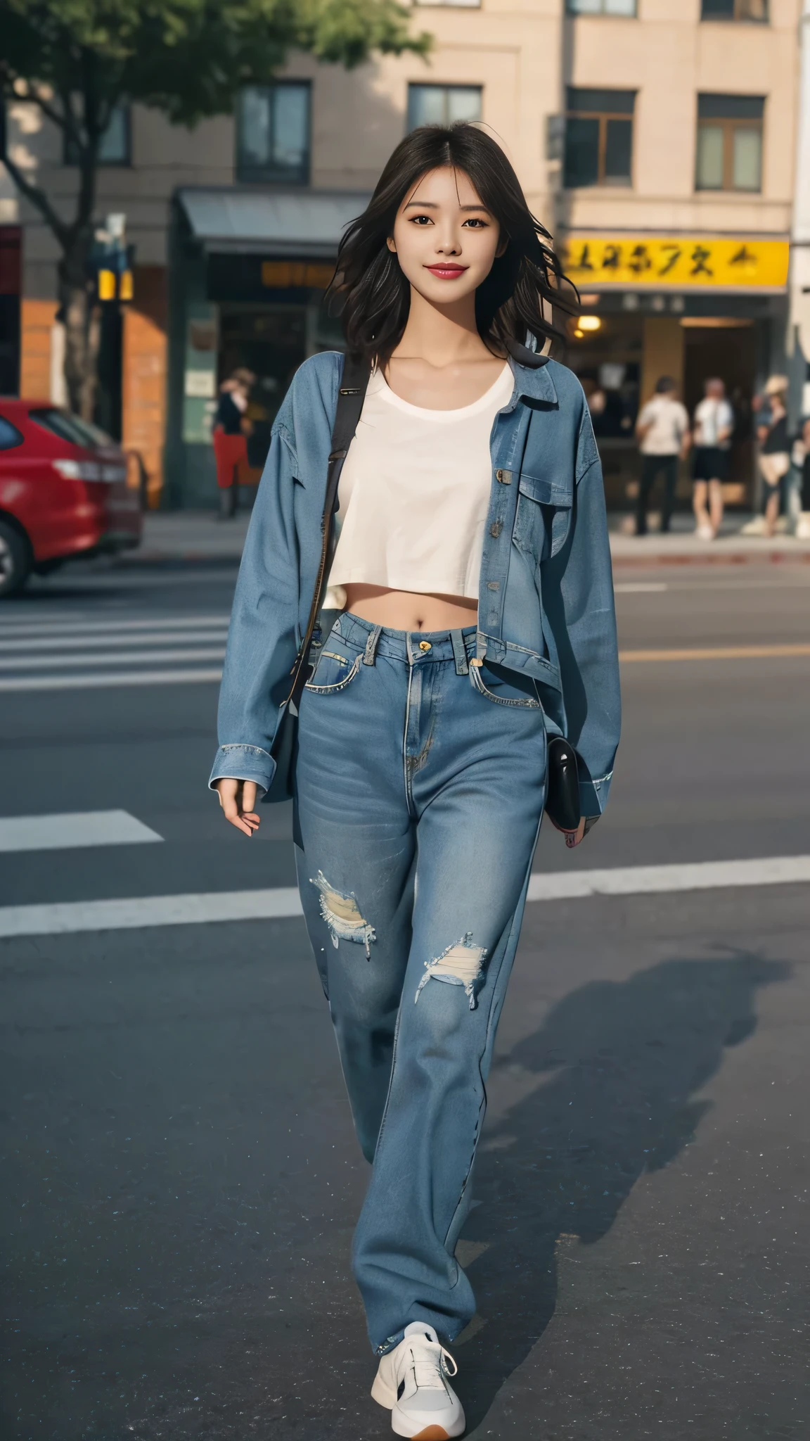 masterpiece, top-quality, 1 beautiful girl, (Detailed beautiful eyes), ((Detailed skin)) , ((Detailed medium hair )), A beautiful girl, 170cm, she in colorful clothings hiphop style and sneaker sport, oversize t-shirt jeans, high waist short jeans, jacket jeans, smiles, RAW photos, CG rendering, Blurred background, deep shadow,  16K, bokered,   Very detailed, wallpaper, depth of field, movie light, Ray tracing, 