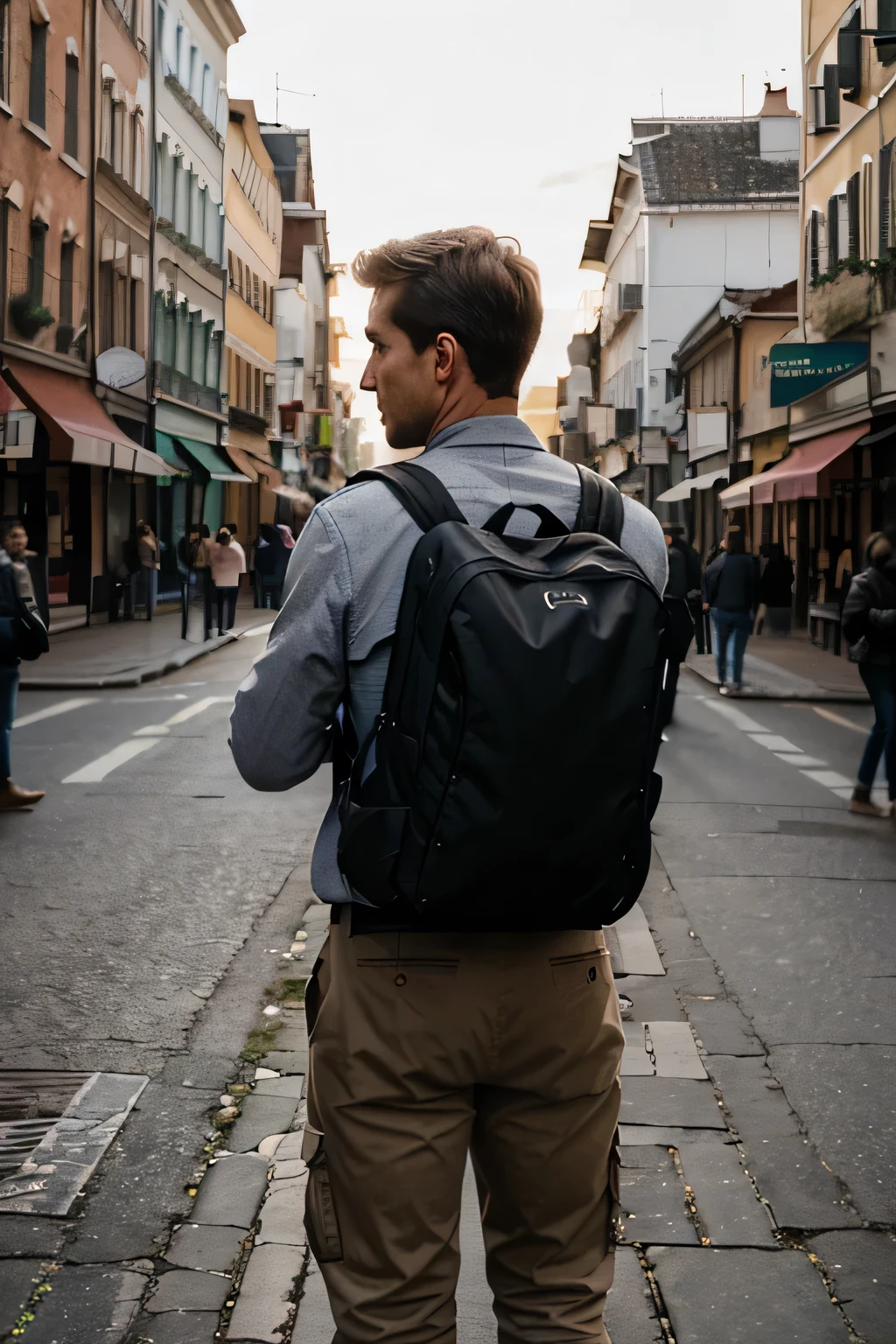A realistic photo of a man exploring the world，The person is in the center of the photo with his back to