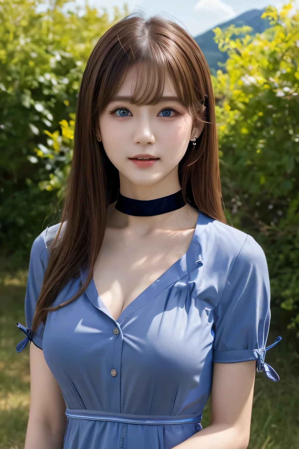 (highest quality, masterpiece:1.3, 超A high resolution), (Very detailed, Caustics), (Realistic:1.4,RAW shooting,)Ultra-Realistic Capture,Very detailed,High resolution 16k, Human skin close-up, The skin texture is natural, It must be detailed enough to be easily identifiable.。 Skin should look healthy and have an even tone。 Use natural light and color, ((Translucent shirt)), ((Mountain, blue sky, Slim body)), 1 girl, Japanese, 18-year-old, cute, Long Hair, smile, Turn your body forward, (View from the front:1.1), Looking into the camera, ((Cowboy Shot:1.4)), focused on the chest, Light brown hair, ((Black choker)), Very many long eyelashes, blue eyes, bangs、Long legs、Outdoor, A field、Big Breasts