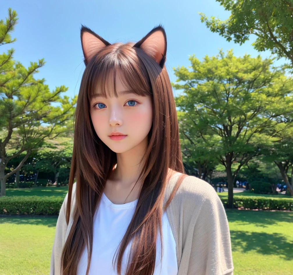 8k、highest quality、Like a real photo、masterpiece、Product quality, One girl,, Young and beautiful woman in Japan, Long Bob Hair, Attractive appearance,, High resolution, High detail, Detailed hairstyle, Detailed face, Spectacular movie lighting, Octane Rendering, Vibrant, Ultra-realistic, Perfect limbs, Perfect Anatomy、17 years old、Cat ears on the head、Her hair is light brown.、Cool clothes、The background is a park with blue sky、A human being who is a combination of a cat and a girl、Natural color lip、Attractive eyes、The color of the cat's ears is dark brown.、Eye color is blue、The ears are hidden by the hair、Double teeth、Yawning