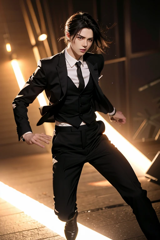 full Body photorealistic shots of handsome hunky masculine anime style Levi Ackerman,, in action