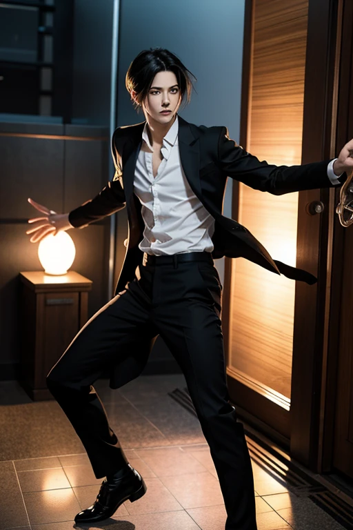 full Body photorealistic shots of handsome hunky masculine anime style Levi Ackerman,, in action