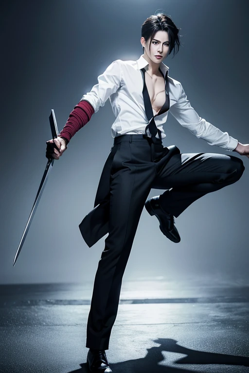 full Body photorealistic shots of handsome hunky masculine anime style Levi Ackerman,, in action