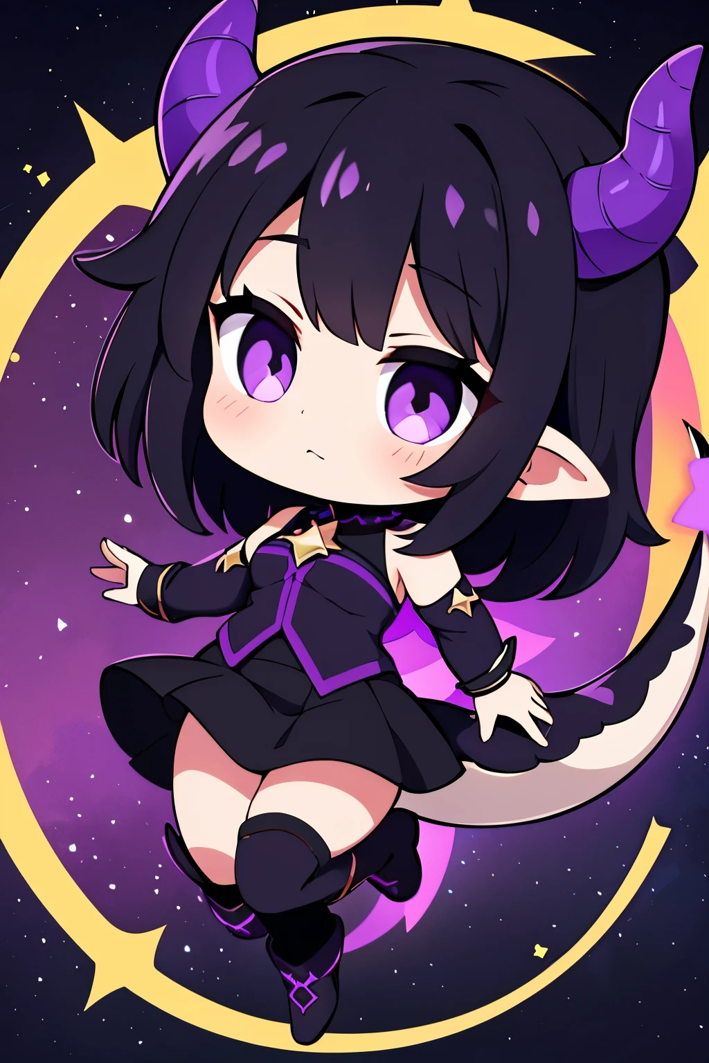 a dragon girl from the universe with short starry black hair with purple and black horns and a black tail with BLACK clothes and a skirt and a purple blouse showing her shoulders with star details full body with black boots and a star at the tip with a sock dark purpleNO SENARIO
