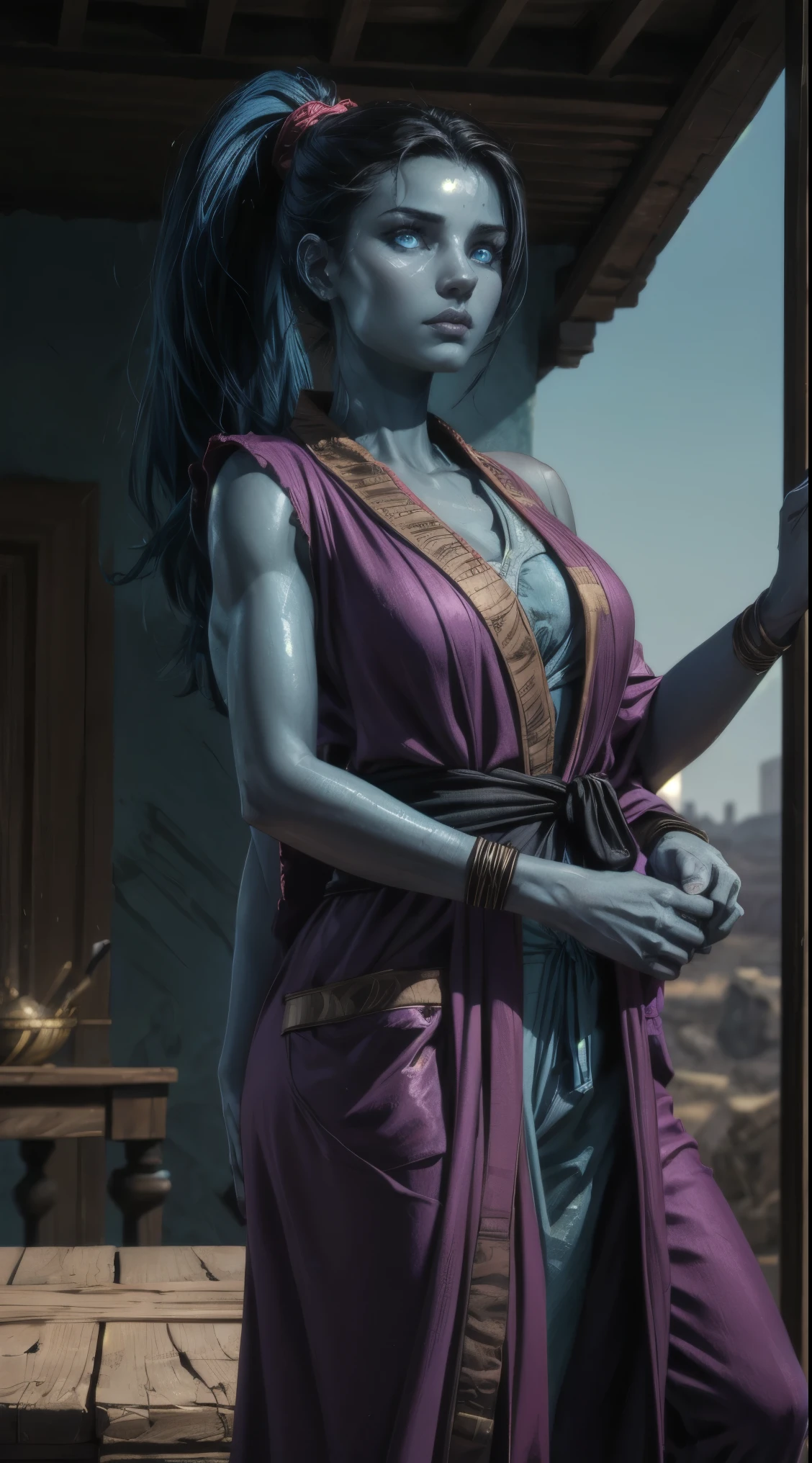 arab woman, (((blue skin))), (((four arms))), (((black hair))), indian woman, arabian, ((rogue battle cream colored  robes)), pants, ponytail, arabic swords, daylight field background .  (best quality,4k,8k,highres,masterpiece:1.2), HDR,UHD,studio lighting,ultra-fine painting,sharp focus,physically-based rendering,extreme detail description,professional, 