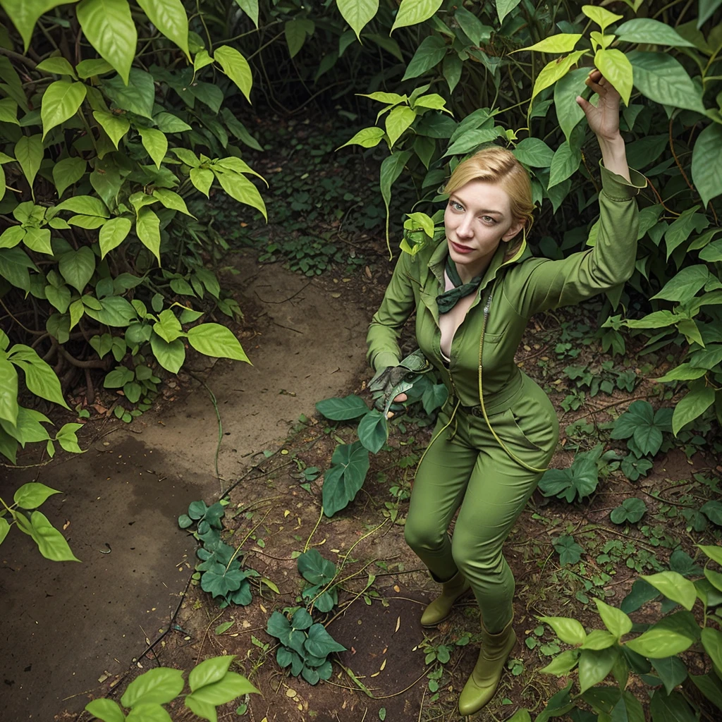 (Show Cate from head to toe)(Cate Blanchett (age 25), dressed appropriate to the scene) is in the Deep Space Exploration Force, having landed her explorer shuttle on a jungle world and set off on foot. She has become ensnared in the eldritch tentacle vines of a man eating plant. Cate struggles to free herself but the vines have already dissolved away almost all of her uniform and now drag her to the huge vicious maw of the plant (tentacles grasping, caressing, squeezing, exploring, many vines enveloping the damsel, forcefully removing what remains of the uniform). Damsel in peril! Slime dripping Alien jungle world. High thrills. High Peril! Desperate Struggle for survival. Show Cate from head to toe, show all of her, full body shot (sfw, vines or rags cover nipples)(Negative Prompt:NSFW)
