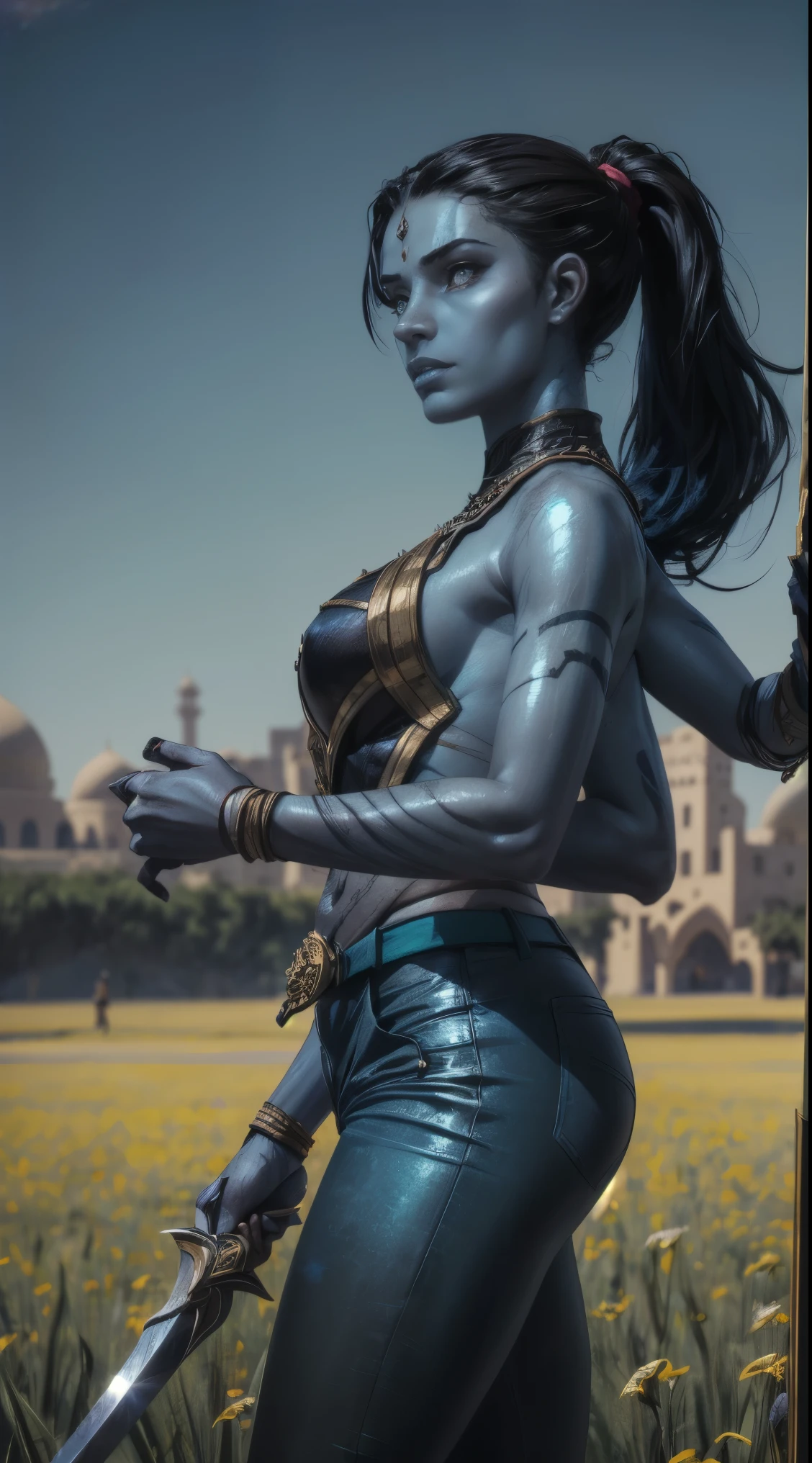 arab woman, (((blue skin))), (((four arms))), (((black hair))), indian woman, arabian, ((rogue battle clothes)), pants, ponytail, arabic swords, daylight field background .  (best quality,4k,8k,highres,masterpiece:1.2), HDR,UHD,studio lighting,ultra-fine painting,sharp focus,physically-based rendering,extreme detail description,professional, 