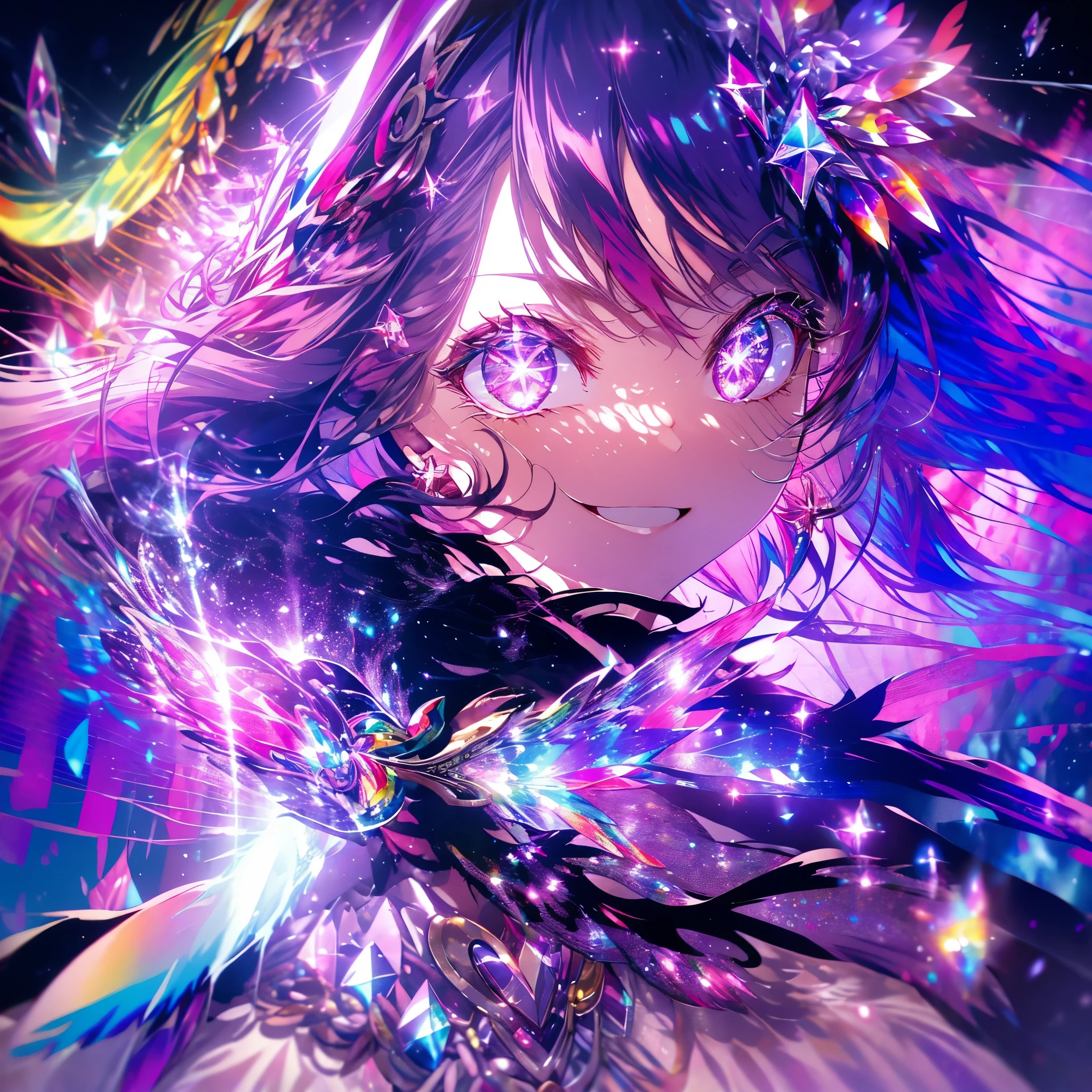 ((Fantasy Long Hair Pink Eyes Rainbow Hair Idol)) ((pendant Shiny earrings Flowing hair)) (Bathed in light Sailor suit) Open your mouth smile Hold the microphone Shining Aura Shining Crystal Eyes