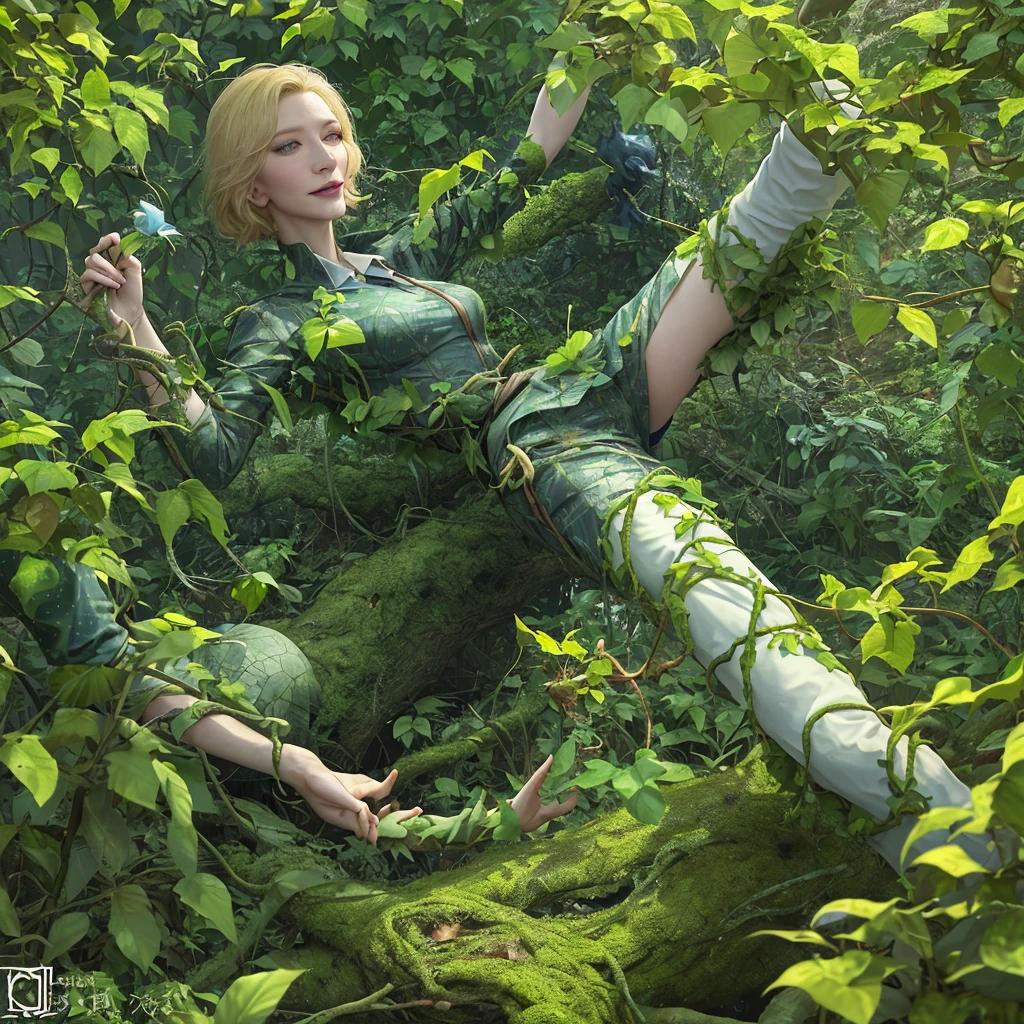 (Show Cate from head to toe)(Cate Blanchett (age 25), dressed appropriate to the scene) is in the Deep Space Exploration Force, having landed her explorer shuttle on a jungle world and set off on foot. She has become ensnared in the eldritch tentacle vines of a man eating plant. Cate struggles to free herself but the vines have already dissolved away almost all of her uniform and now drag her to the huge vicious maw of the plant (tentacles grasping, caressing, squeezing, exploring, many vines enveloping the damsel, forcefully removing what remains of the uniform). Damsel in peril! Slime dripping Alien jungle world. High thrills. High Peril! Desperate Struggle for survival. Show Cate from head to toe, show all of her, full body shot (sfw, vines or rags cover nipples)(Negative Prompt:NSFW)
