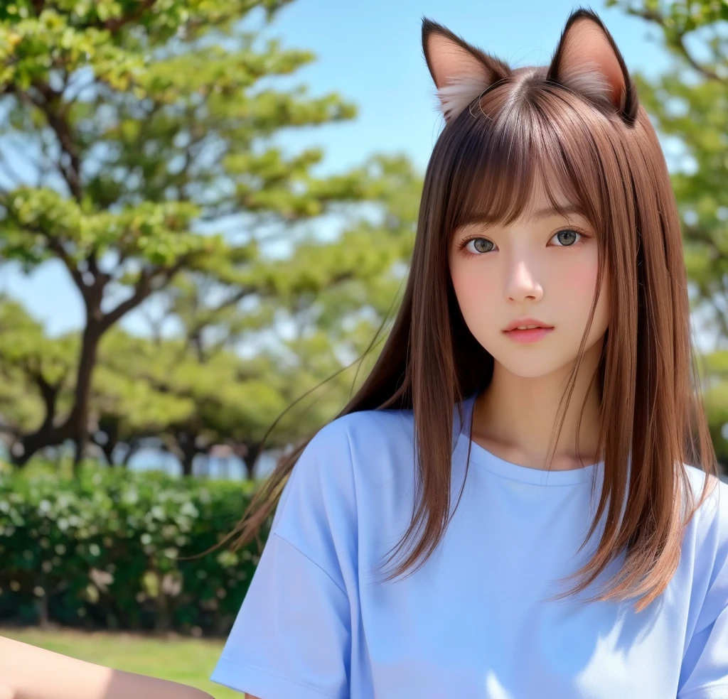 8k、highest quality、Like a real photo、masterpiece、Product quality, One girl,, Young and beautiful woman in Japan, Long Bob Hair, Attractive appearance,, High resolution, High detail, Detailed hairstyle, Detailed face, Spectacular movie lighting, Octane Rendering, Vibrant, Ultra-realistic, Perfect limbs, Perfect Anatomy、17 years old、Cat ears on the head、Her hair is light brown.、Cool clothes、The background is a park with blue sky、A human being who is a combination of a cat and a girl、Natural color lip、Attractive eyes、The color of the cat's ears is dark brown.、Eye color is blue、The ears are hidden by the hair、Double teeth、Yawning