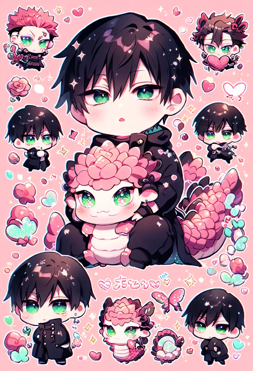 Ultra detailed, Highres, absurdres, HDR, Fushiguro Touji chibi, black hair, expressive green eyes, black coat with patterns, Jujutsu Kaisen, black clothes, fantasy, glittering pink butterflies, petals, handsome, man, very detailed eyes and face, master piece, glittering, pink lotus, pink background, hugging a pink dragon, cute, love, magical,