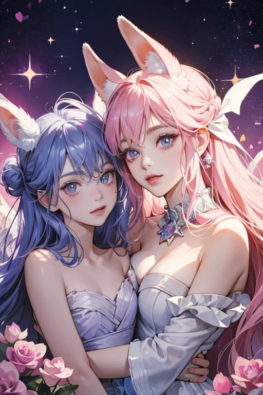 3 beautiful girl elf, crazy color hair, cat ears, naked, nude, no clothes, space station, space theme, cute face, glowing eyes, slim, extreme abs, closeup, full body, high heels, cute