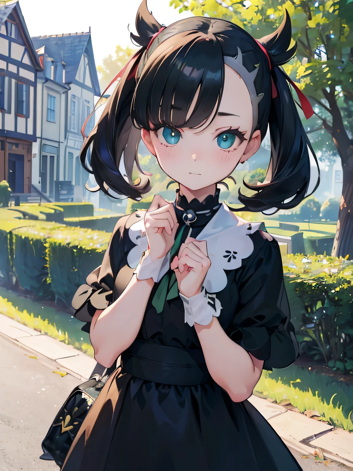 ((best quality)), ((masterpiece)), (detailed), perfect face, young girl, black hair, bangs, green eyes, black dress, happy, sunny, romantic, soft smile, ((village)), looking at viewer, portrait, flat, ribbons, ((marnie pokemon)), (detail eyes), (shy), (perfect eyes), ((very shy)), blushinh, (perfect hand)