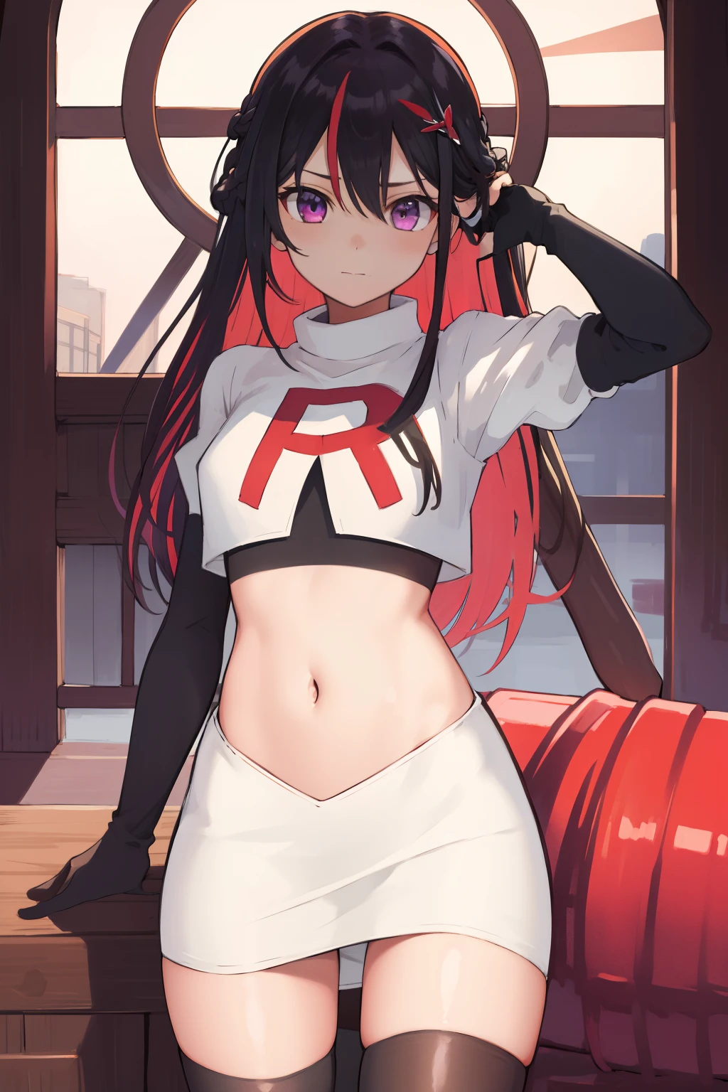 masterpiece, best quality, highres, 1girl, solo, multicolored hair, pink hair, purple eyes, black hair, colored inner hair, hair between eyes, two-tone hair, jewelry, x hair ornament, bangs, very long hair, streaked hair, hairclip, cowboy shot, team rocket,team rocket uniform,white skirt,red letter R,crop top,black thigh-highs,black elbow gloves