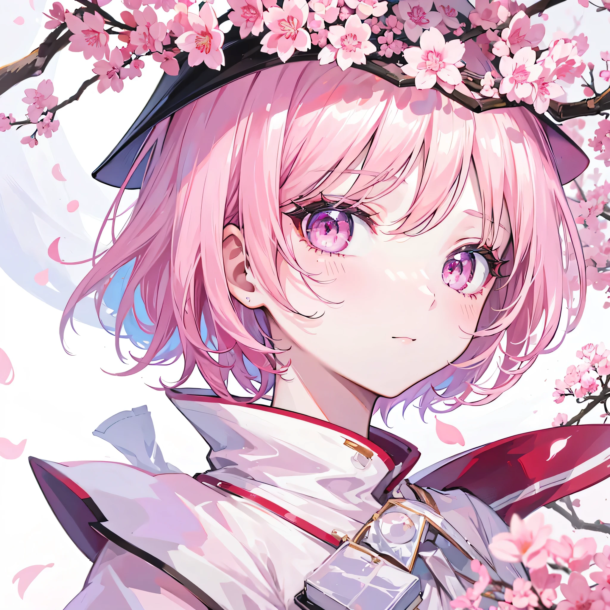 1 girl,pink eyes,white short hair,portrait,masterpiece,ultrasharp,8K,hat,sakura