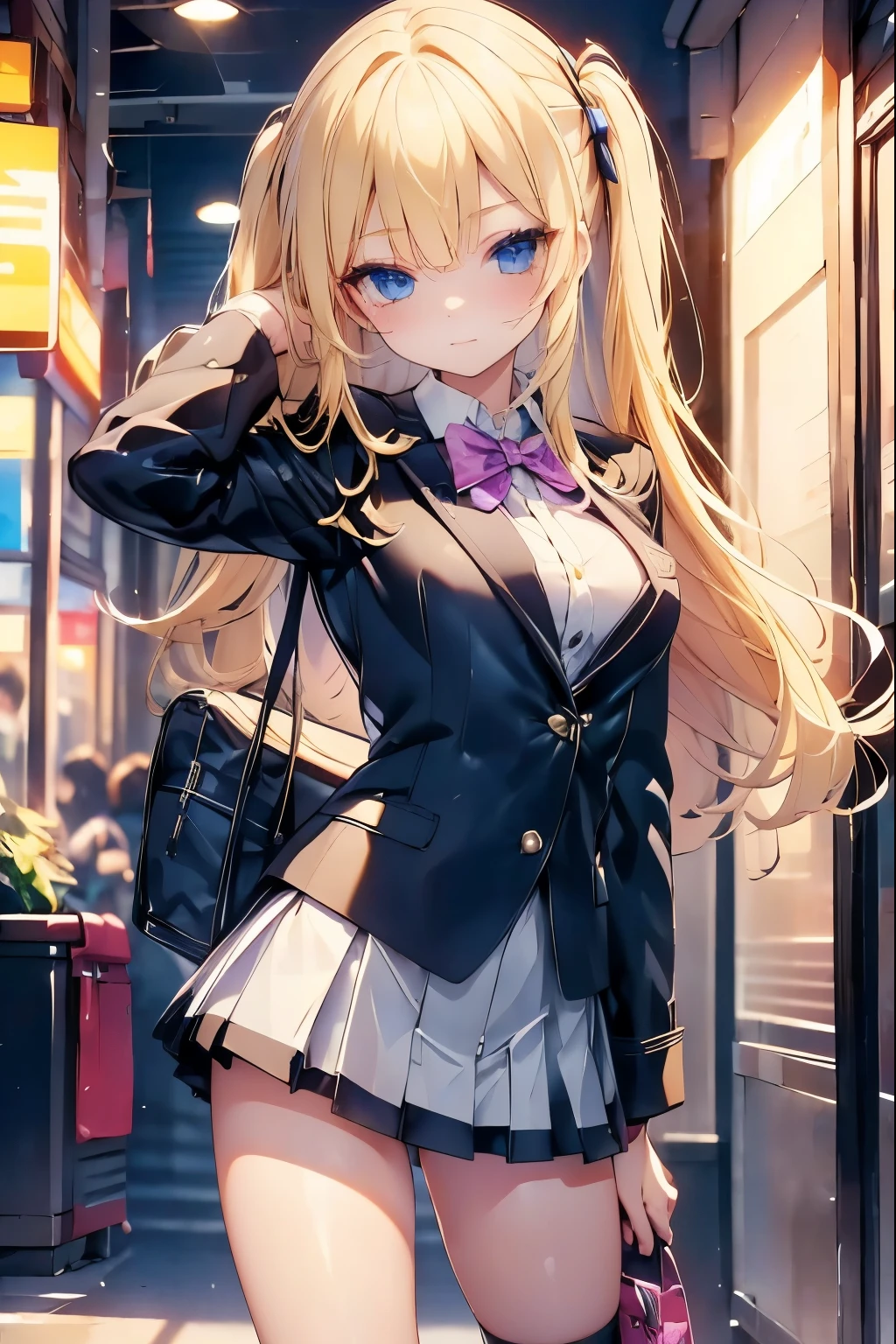 Cute high school girl, long blonde hair, school bag, flashy makeup, thin arms and legs, slender body, wearing leather jacket, blazer uniform, black stockings, wearing lots of flashy metal accessories, in station