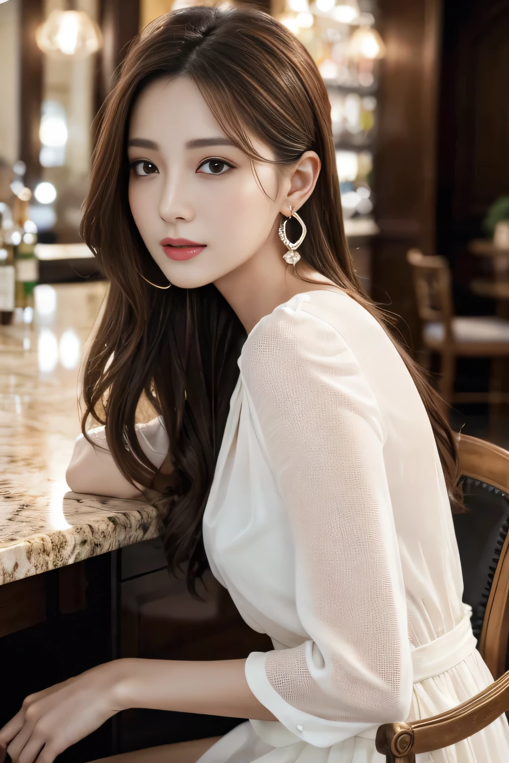 masterpiece, highest quality, Realistic, Very detailed, Finer details, High resolution, 8k wallpaper, One beautiful woman, Wear an elegant white see-through blouse, A great bar counter, At night, Light brown messy hair, Perfect dynamic composition, Beautiful and beautiful eyes、Big earrings、Sitting in a chair、Back view