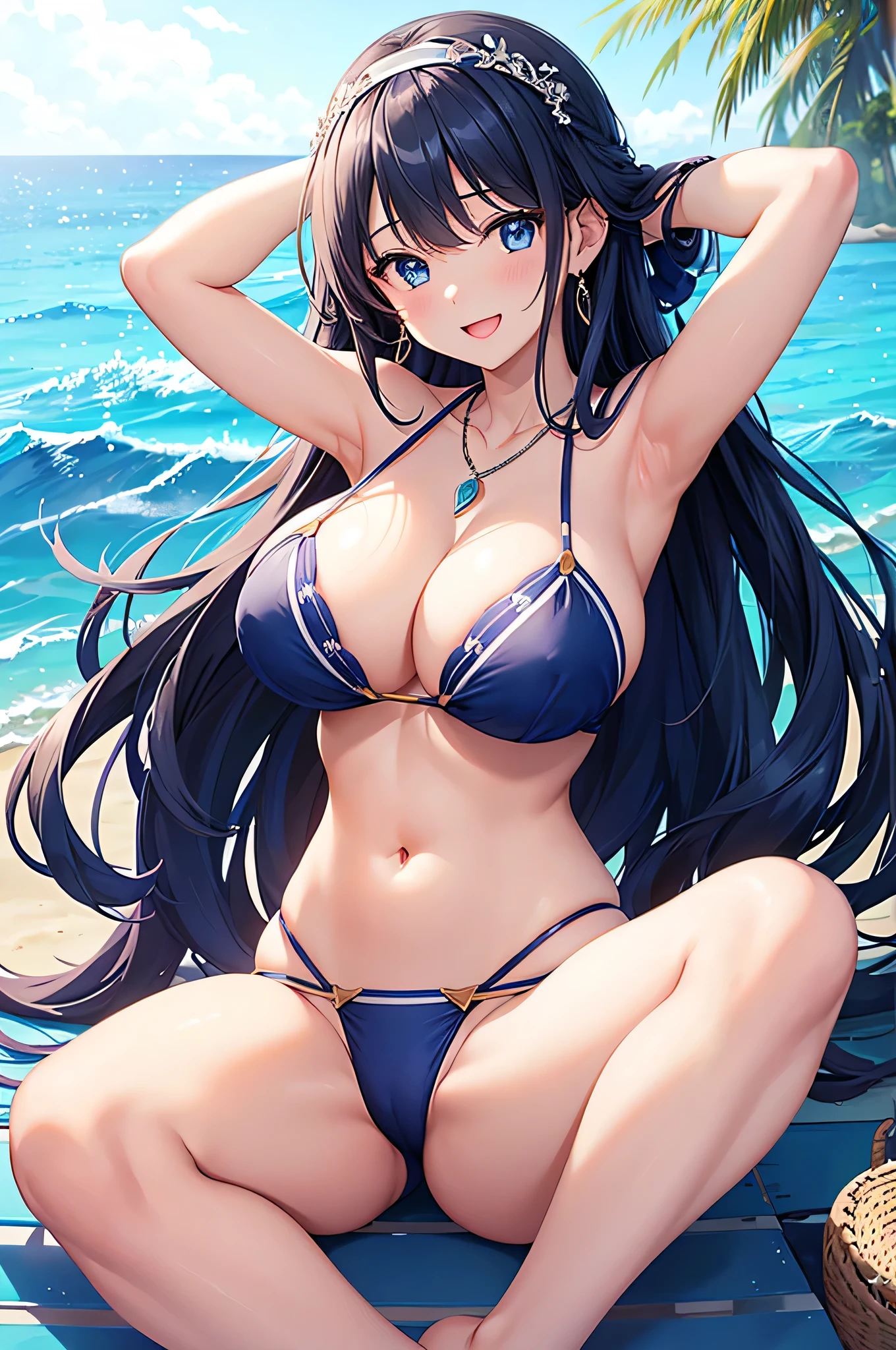 highest quality、Best image quality、masterpiece、beautiful girl、Navy blue long hair、blue eyes、Navy Blue Bikini、Big cleavage、(Big Breasts)、smile、blue necklace、Blue Earrings、background(Beach)、Please open your mouth wide、White headband、bracelet、Raise your arms and place your hands behind your head、Raise your elbows as high as you can、Bring your elbows closer to your head