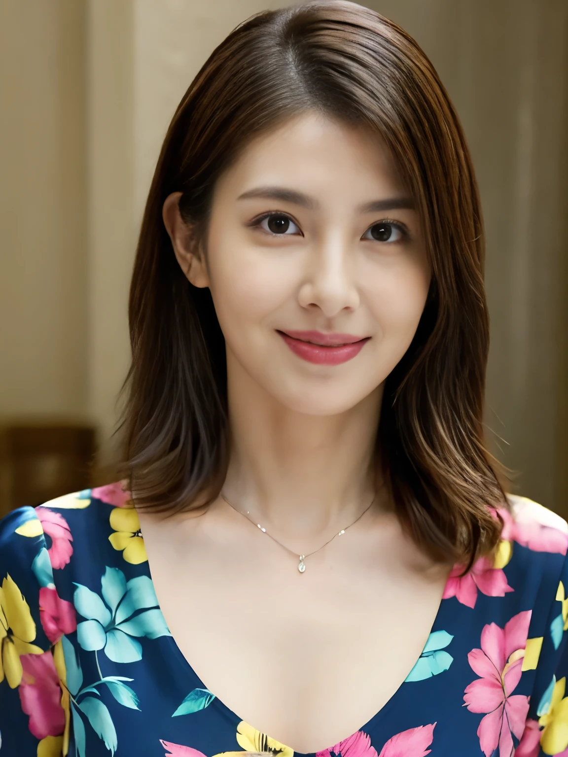 (RAW Photos), (Photorealistic), (masterpiece), (highest quality), High resolution, 8k, (Intricate details), (Volumetric light), Portraiture, woman, 30 years old, Medium Hair, Straight hair, middle cleavage, Layered Hair, Brown Hair, Very beautiful eyes, Source order, Very thin eyebrows, Very fine skin, Very nice mouthfeel, Very nice nose, Cute like an idol, Smile, (Thick lips), (Sexy and elegant colorful blouse), ((Full Body Shot)), ((Accentuate your cleavage)), random body orientation,
