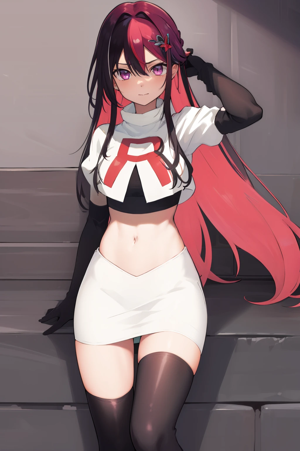 masterpiece, best quality, highres, 1girl, solo, multicolored hair, pink hair, purple eyes, black hair, colored inner hair, hair between eyes, two-tone hair, jewelry, x hair ornament, bangs, very long hair, streaked hair, hairclip, cowboy shot, team rocket,team rocket uniform,white skirt,red letter R,crop top,black thigh-highs,black elbow gloves